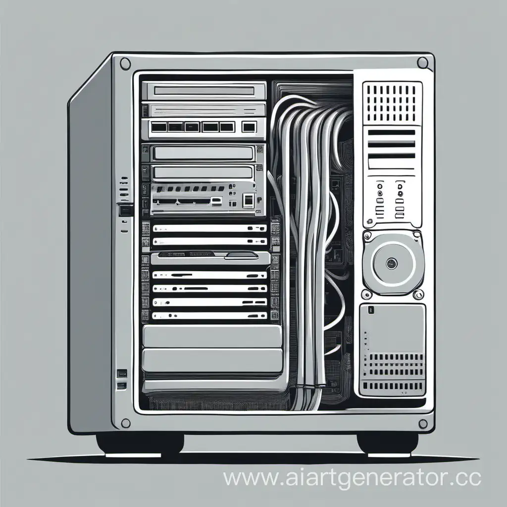 Минималистичное изображение системного блока компьютера в серых и белых тонах в стиле рисунка от руки
