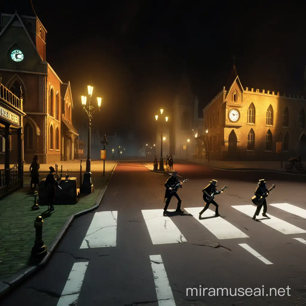 A captivating and chilling animation-style   Set in a dystopian  High Street cityscape reminiscent of the 1840s, the streets are now haunted and desolate. Haunted Church and clock towers loom in the background. A pedestrian crossing stands in the foreground, while steam punk characters and heavy metal guitarists exude fear and dread, hiding in the shadows. The atmosphere masterfully blends old-school horror with modern animation aesthetics, creating the perfect setting for an immersive experience 