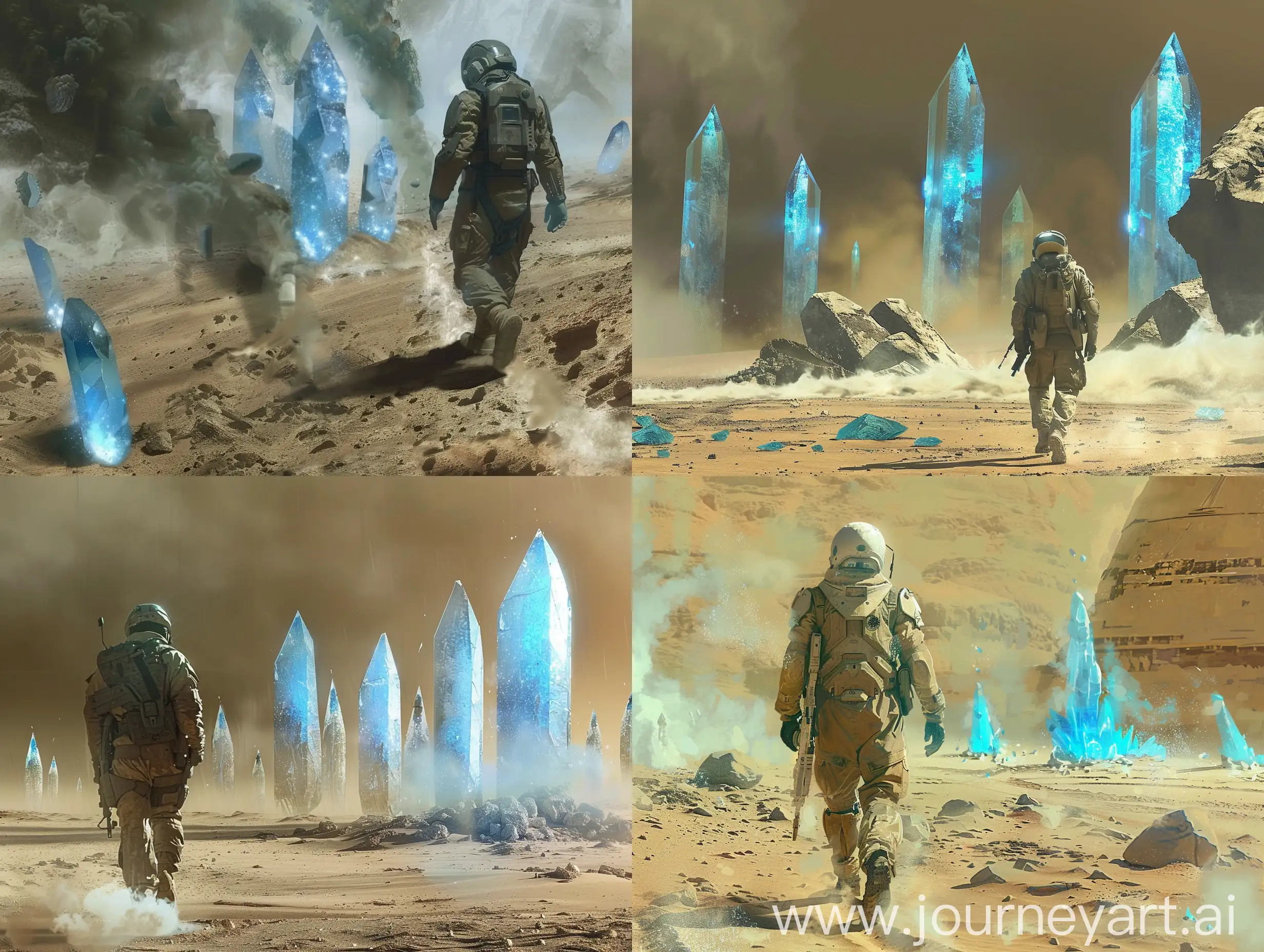 concept art, rock soil, vapor, blue crystals, perspective, garrison sci fi soldier walks