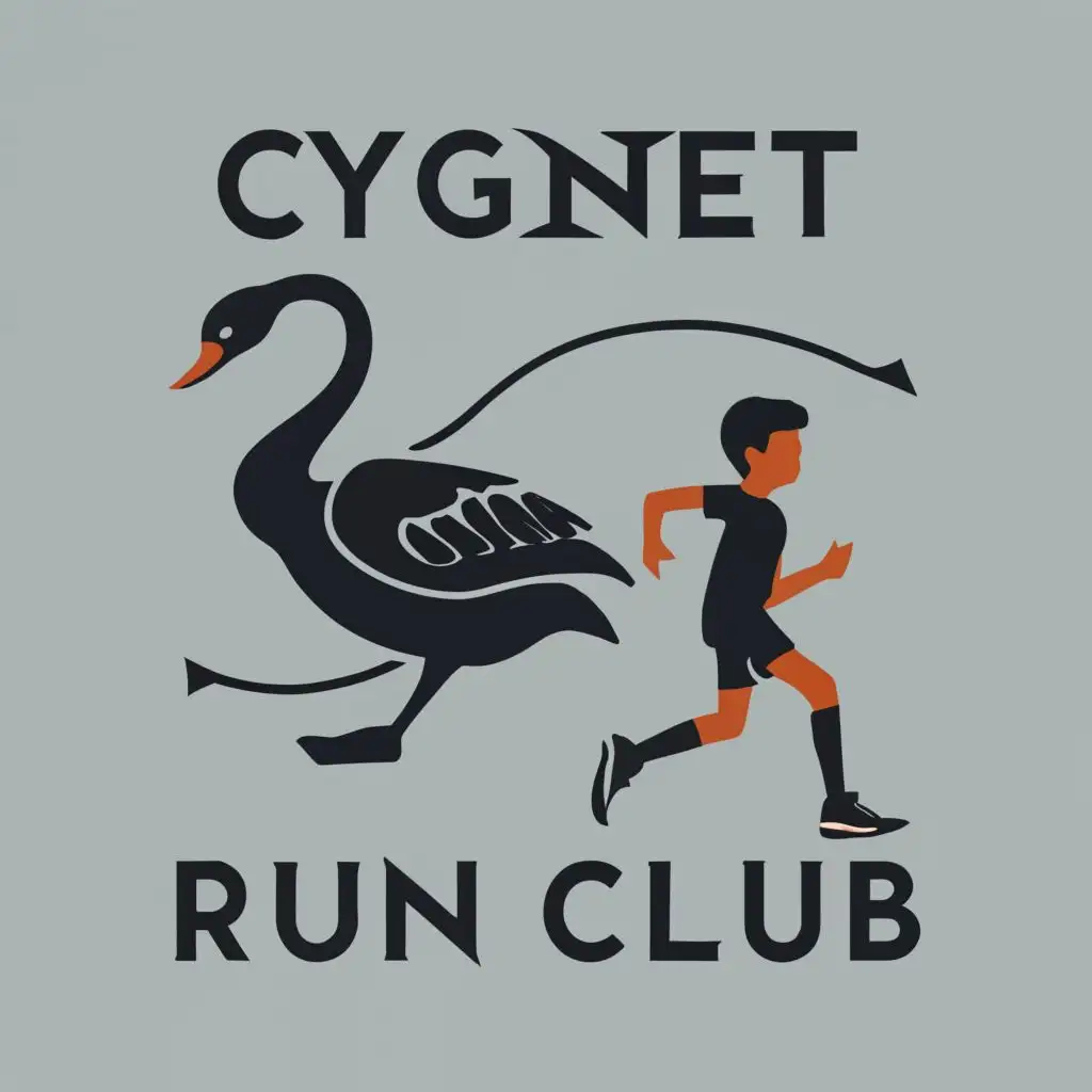 logo, child running with a black swan on a running track, with the text "Cygnet Primary School Run Club", typography, be used in Sports Fitness industry