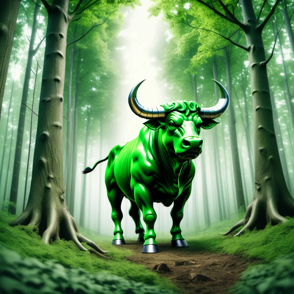 Majestic Green Bull Roaming Among Lush Forest Trees