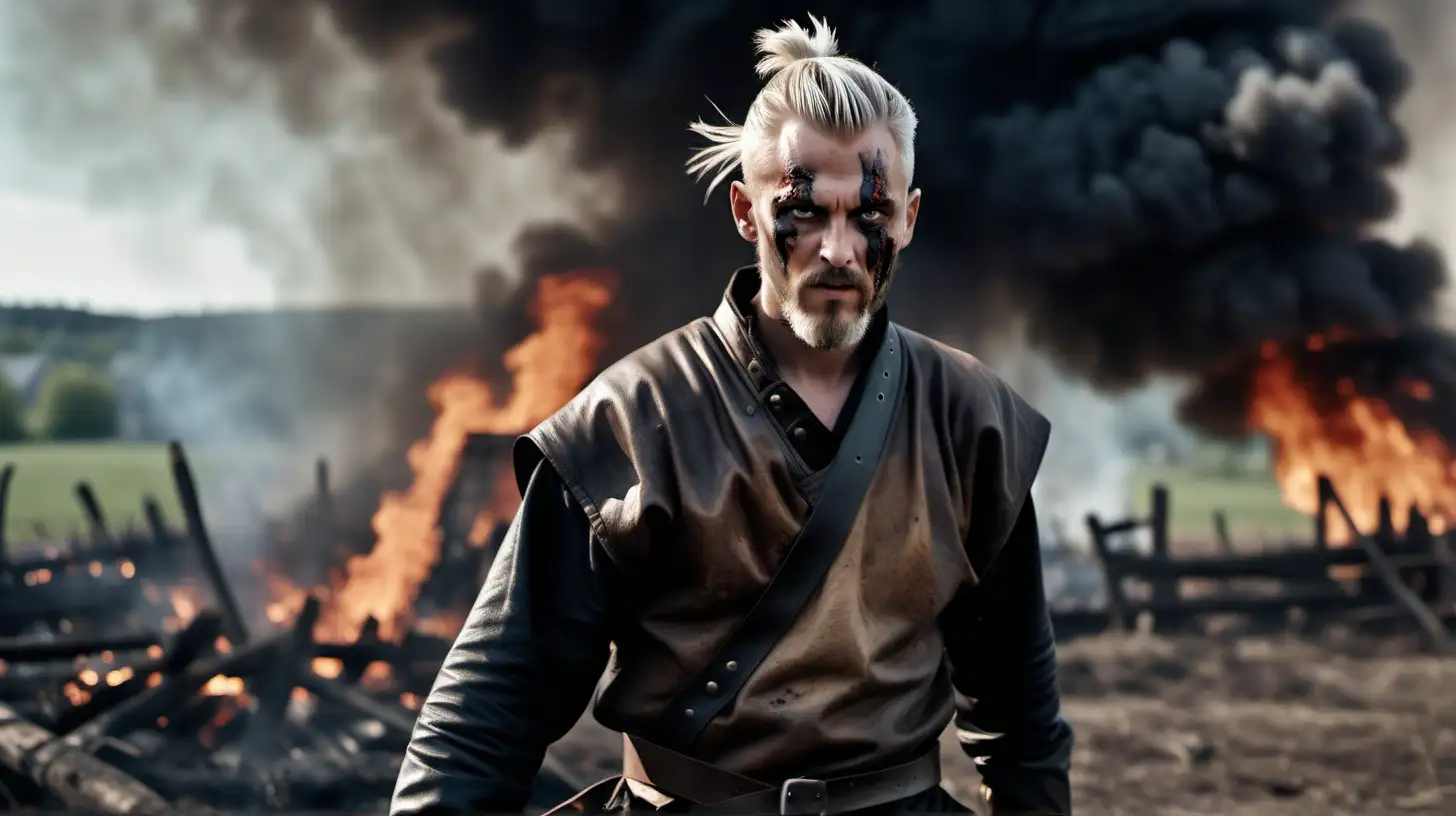 A cinematic scene shot on a Nikon EM 35mm, wide angle shot from top of a 30 years old strongly built nordic man with  platinum hair tied in a bun and short budding beard dressed in an assassin leather tunic, in a field in front of a burning village, realistic, high detail, grey eyes, threatening glare, wounded and running from the fire