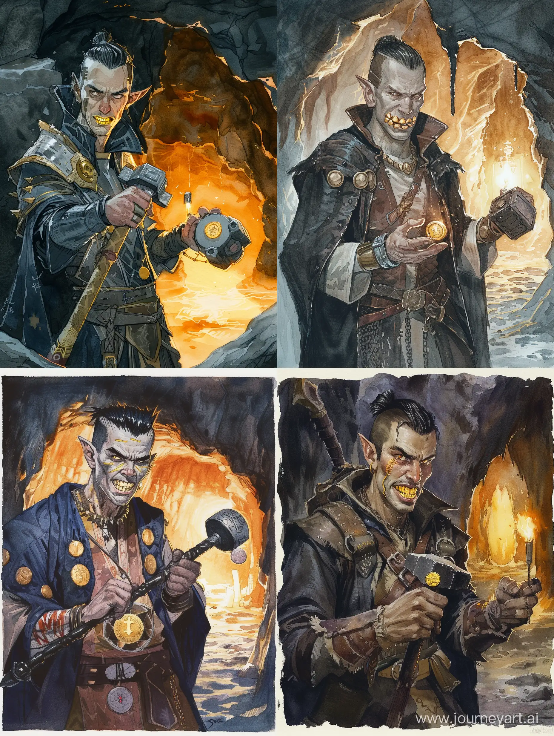 full-length portrait, cleric with slicked back hair and golden teeth holding iron hammer channeling spell presenting small gold coin, lit cave, watercolor video game concept art