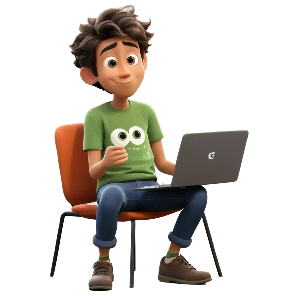 Pixar image of a boy in tees attending online class