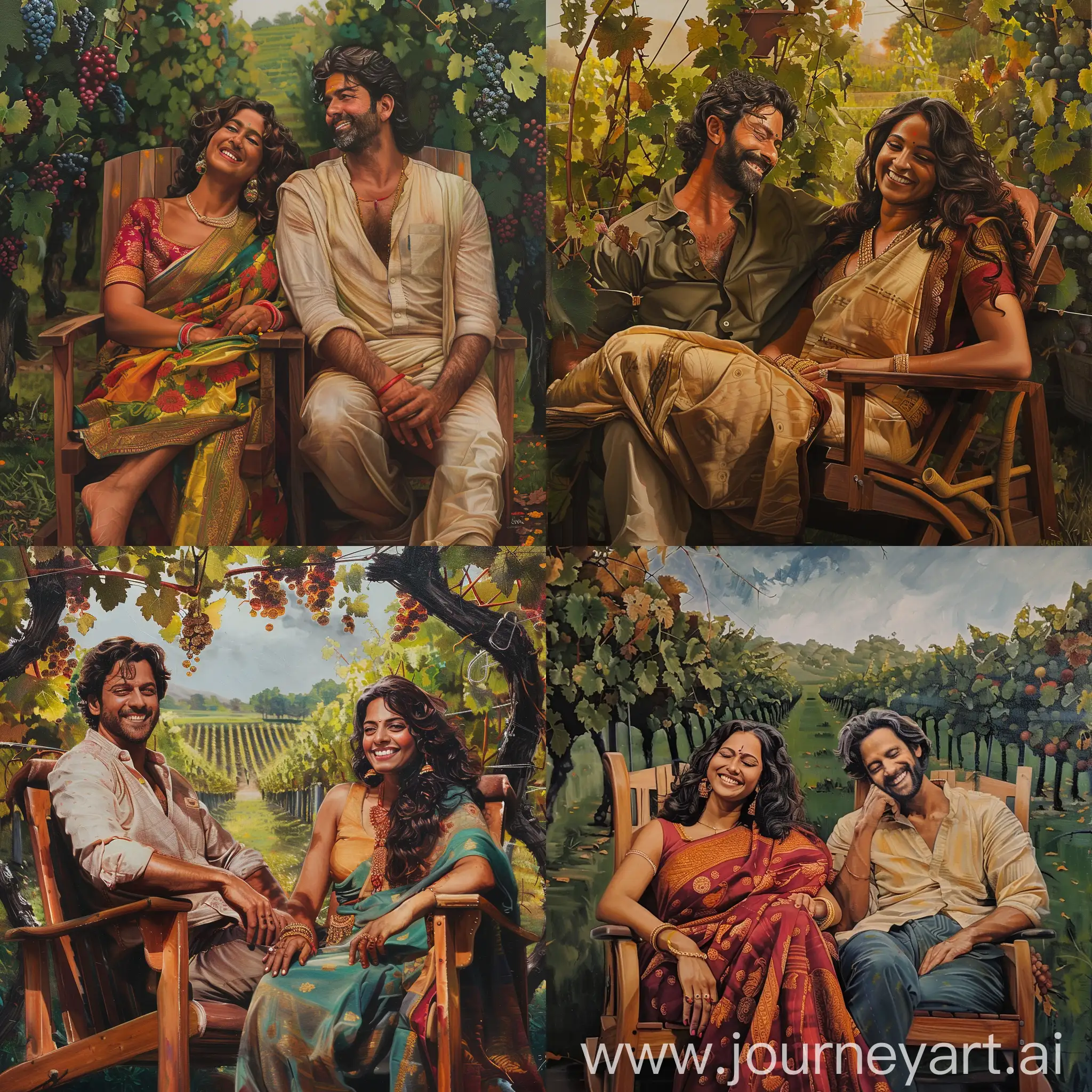 Create a hyperrealistic and photorealisitc cinematic oil painting of Kavya Madhavan, smirking, inside a vineyard relaxing on a lounge wooden chair with Hrithik Roshan, luscious, wearing attractive saree, intricately detailed Kerala background, waist shot, half body portrait