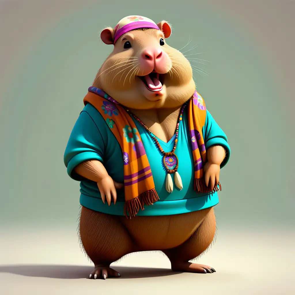 fun fat Capybara in cartoon style with hippie clothes in full body with clear background