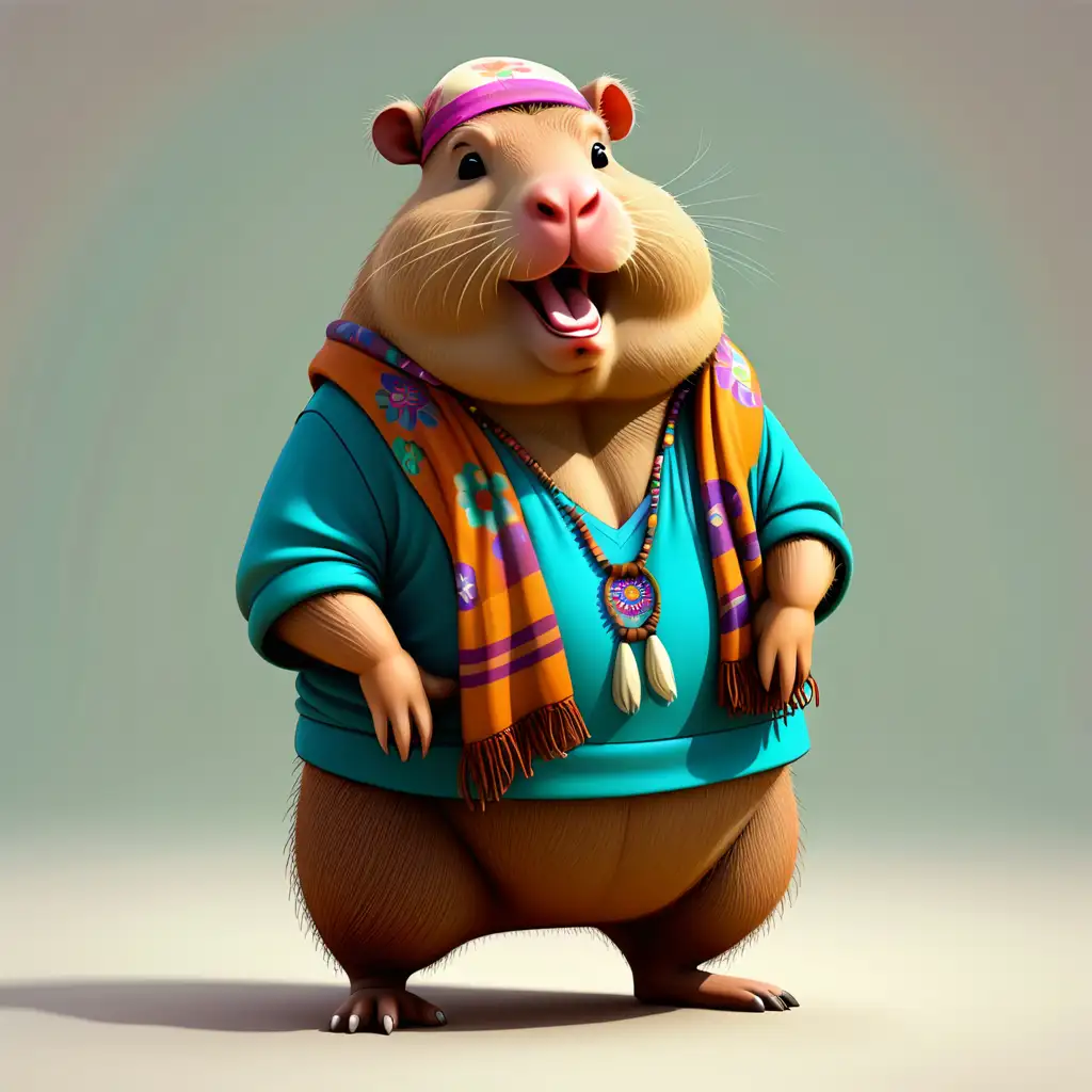 Cheerful Cartoon Capybara Wearing Hippie Clothes