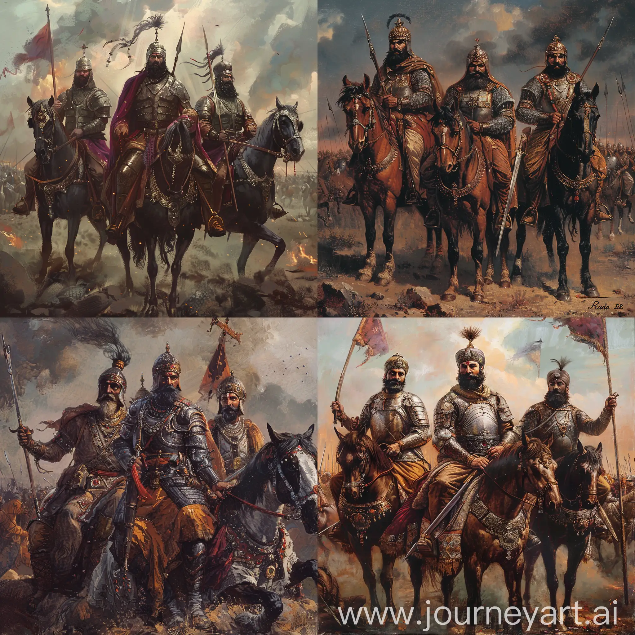 The year is 1498 CE. Imagine 3 rajput rajasthani kings who are fierce, calm and wearing armor, holding their swords or lances. They are sitting on their horses standing in a battlefield and looking at something.