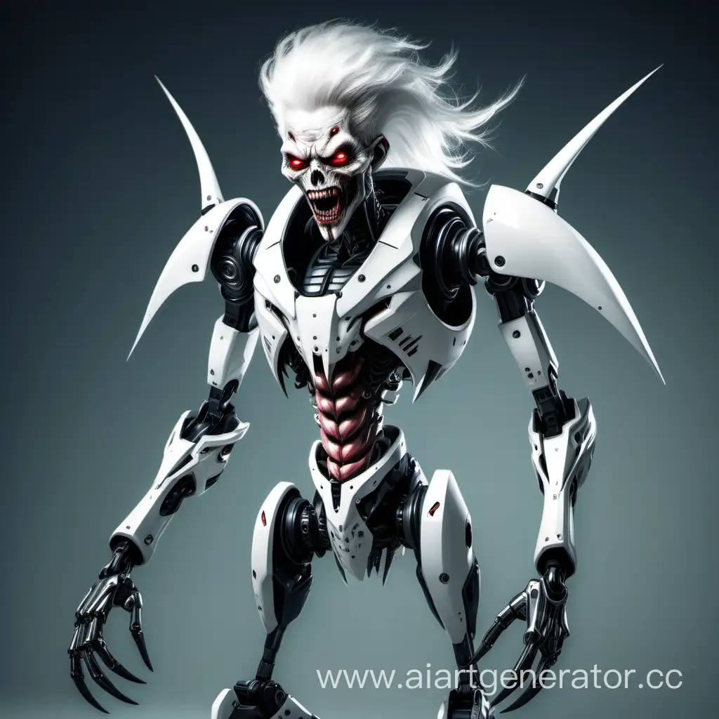 Персонаж из дронов убийц робот схожий с человеческим строением  белые волосы, демонтажник, есть хвост с нанитовой кислотой, имеет большие клыки и острые зубы 
