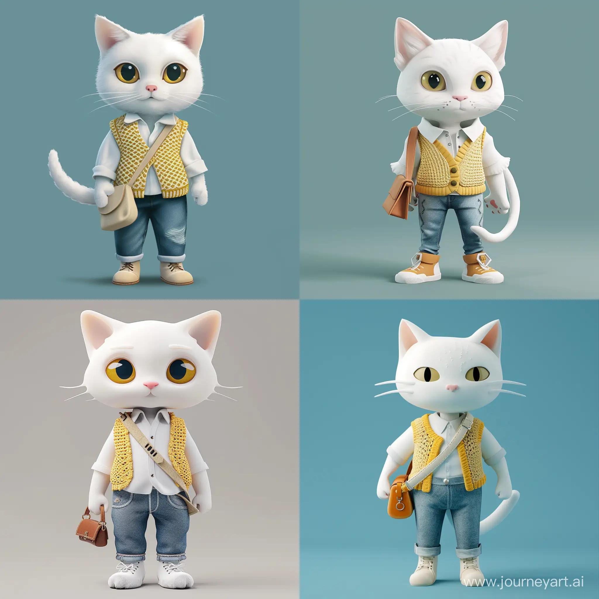 White cat anthropomorphism，Wearing a white shirt and a yellow sleeveless knitted sweater，Carrying shoulder bag，Small leather shoes，Wearing jeans on the lower body，super cute, cinematic lighting，in cartoon flat style --v 6 --ar 1:1 --no 69832
