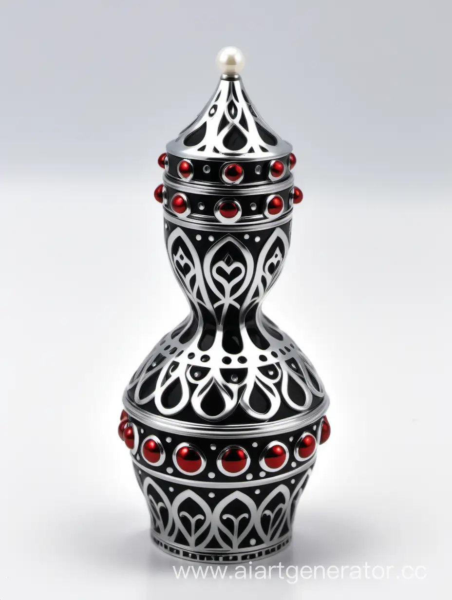 Elegant-Zamac-Perfume-Decorative-Ornamental-Cap-in-Pearl-White-and-Black-with-Matt-RedWhite-Border-and-Arabesque-Pattern