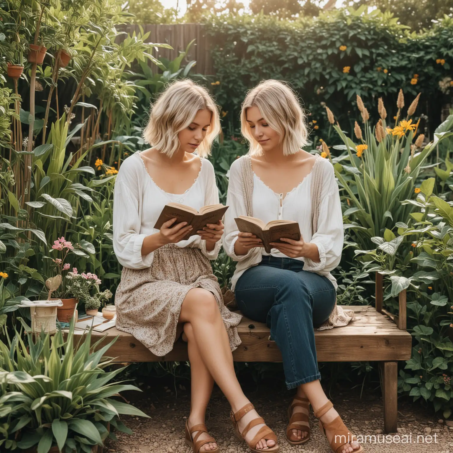 two faceless girls with short blonde hairs sitting i a boho garden and reading books
