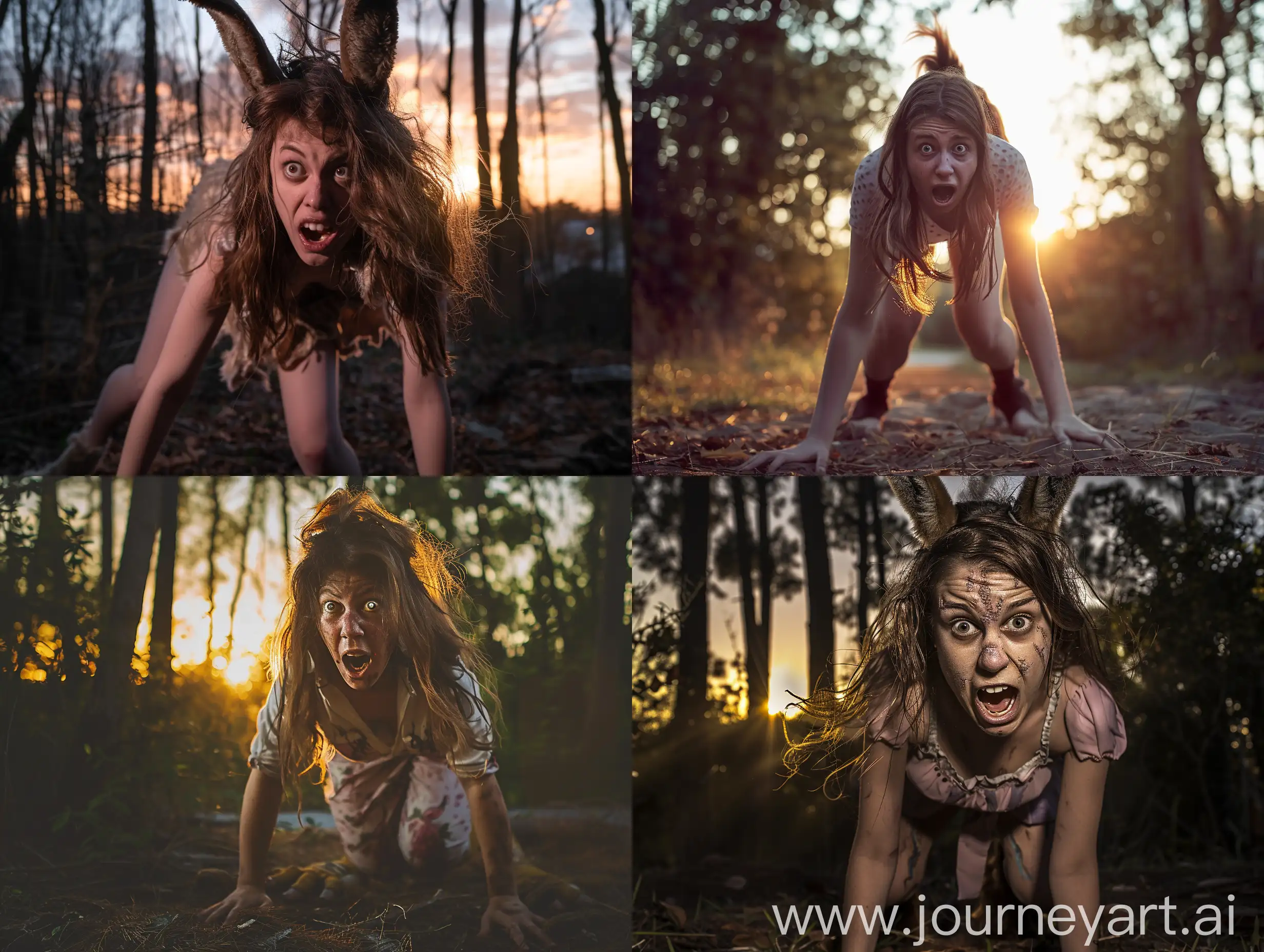 A young woman with loose brown hair, who has been transformed into a donkey. The photo is taken while the transformation is almost completed. She is standing on all fours in a forest at sunset. She has a desperate expression, screaming for help. Realistic photograph, full body picture.