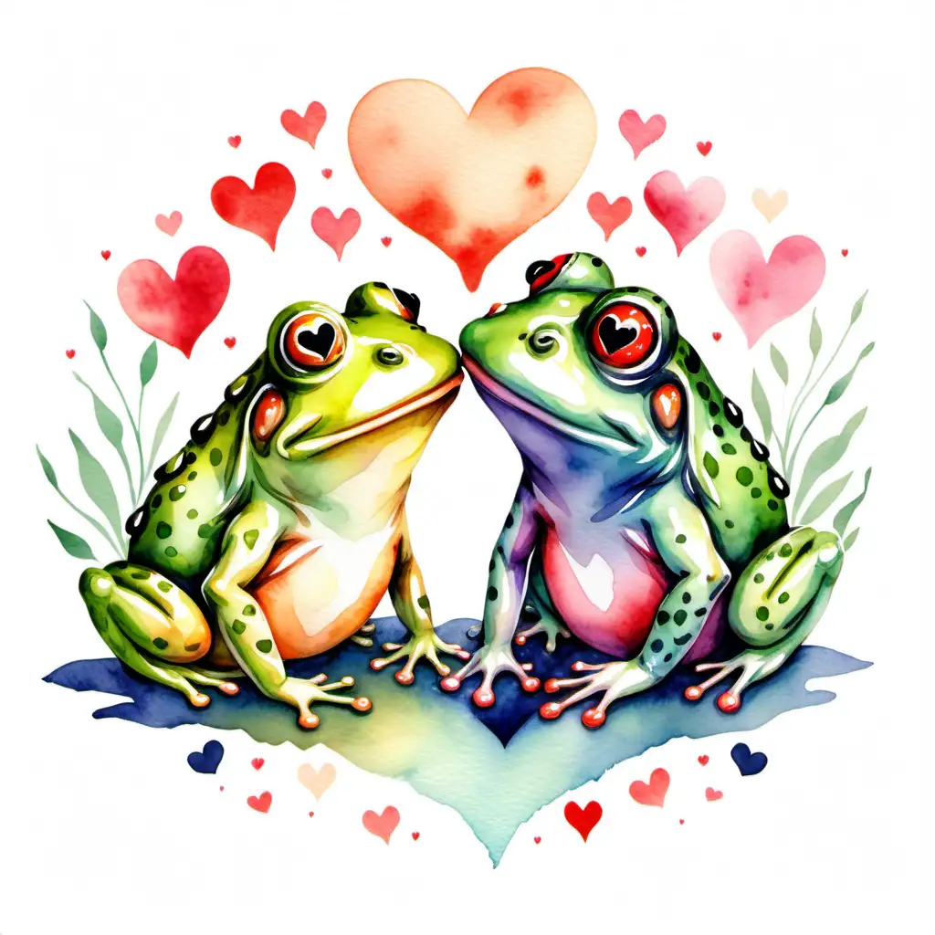 watercolor style, two frogs kiss surrounded by hearts on a white background