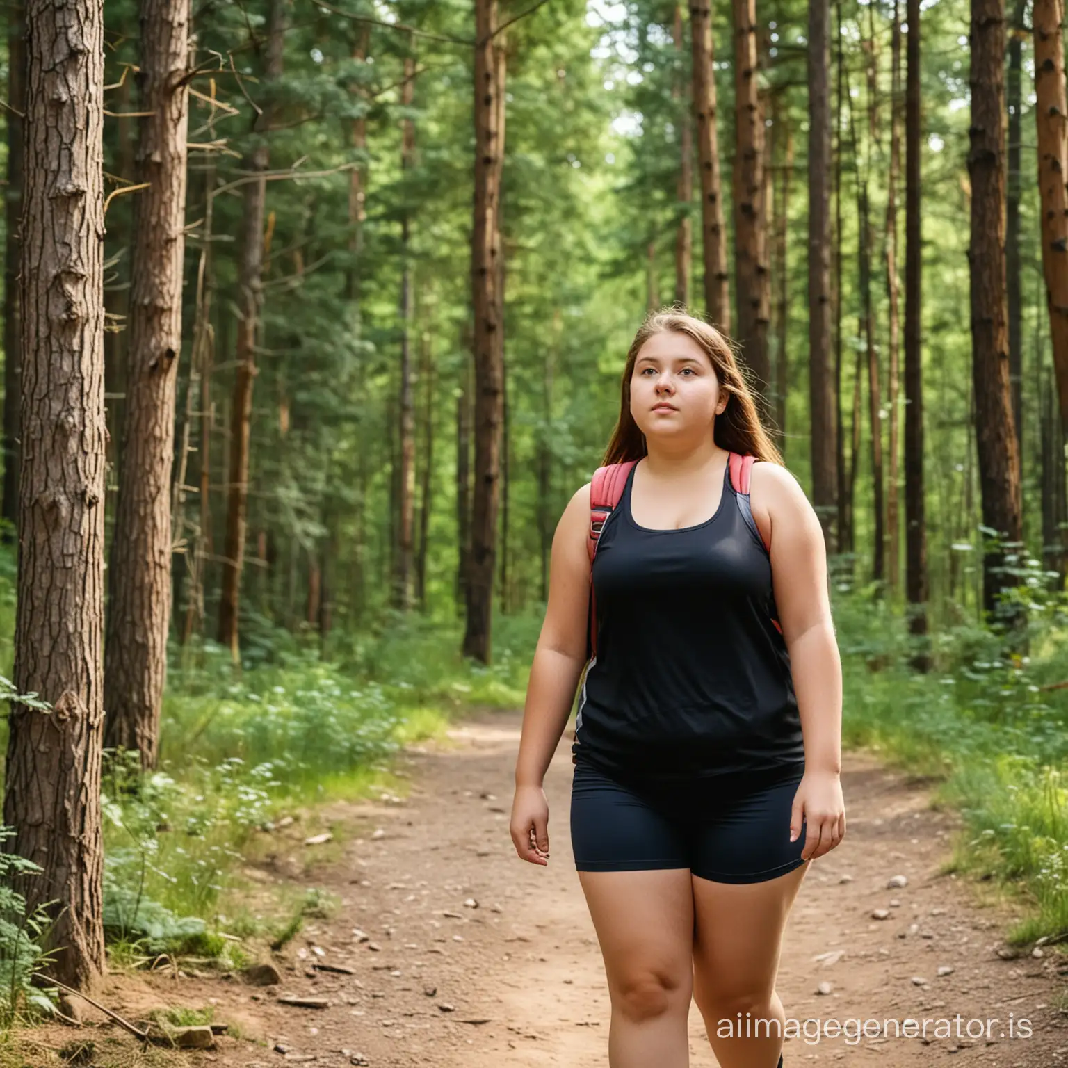 Fifteen years old chubby girl hiking in sportswear summer forest mountain