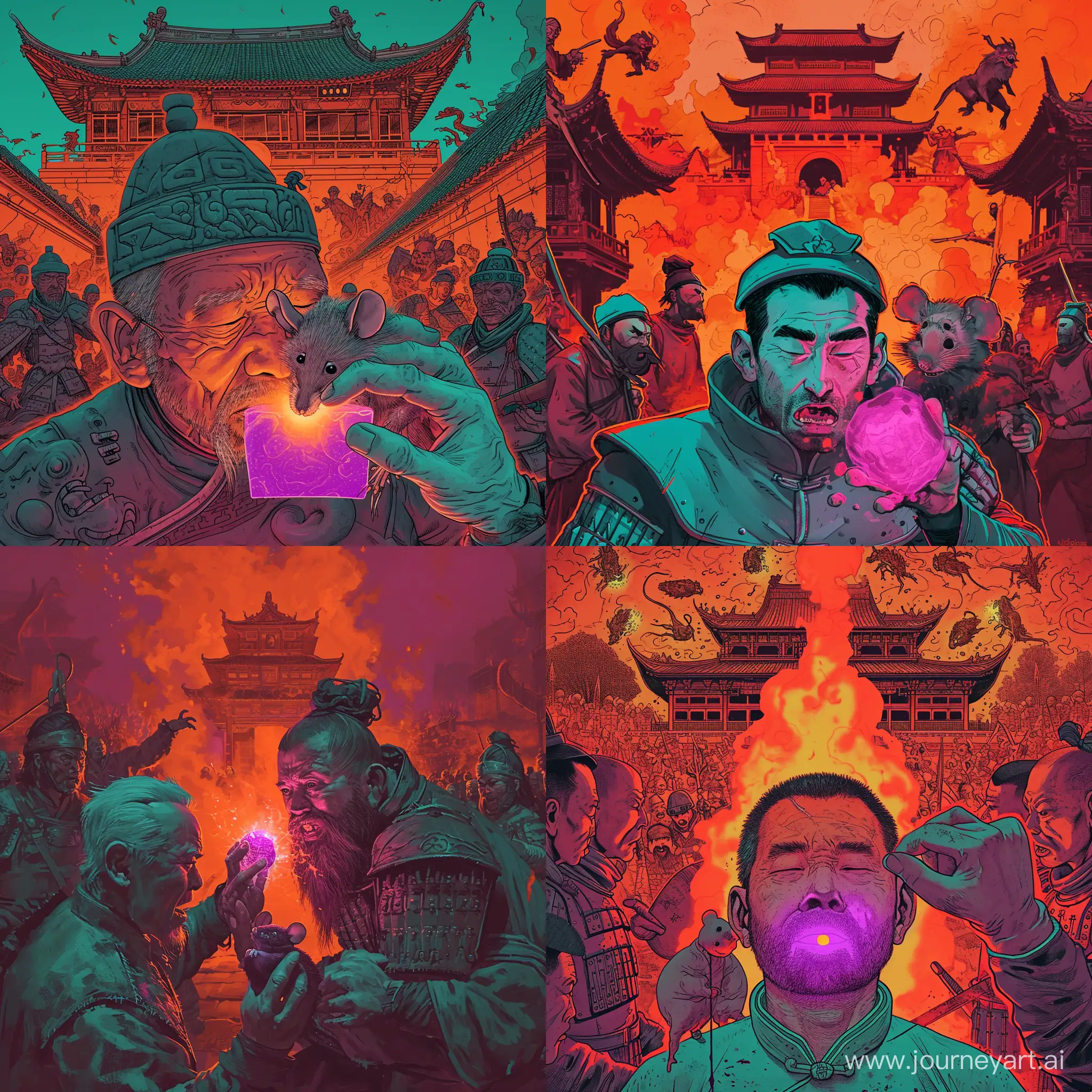 Art; firey red, deep orange and teal; serious. Background is a cult temple with many of irate cultists. A medieval Chinese solider presses a glowing purple and orange stone on the face of Charles Hoskinson, shrinking him to a mouse.