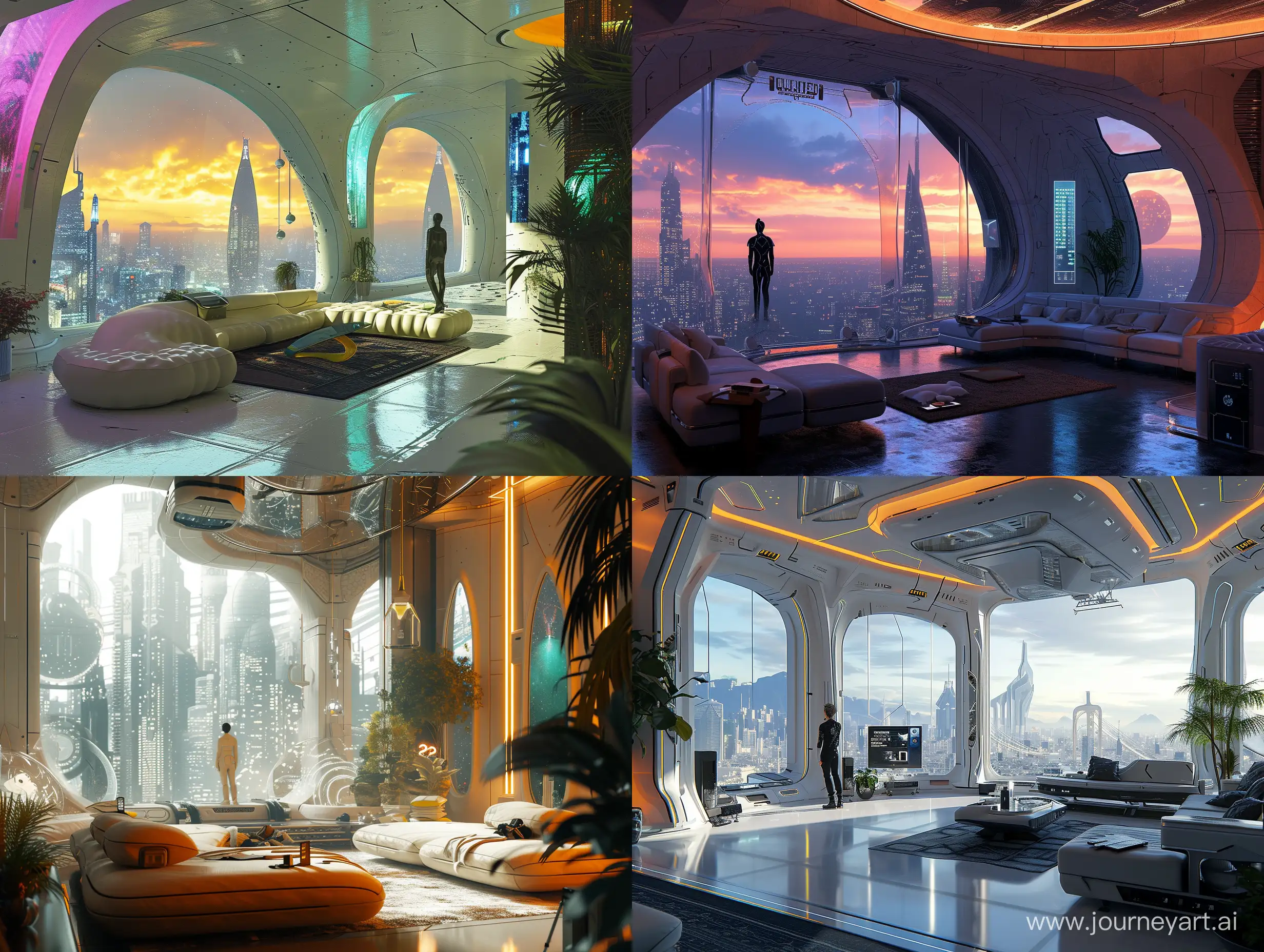 The living room features a modern design with a futuristic Y2K aesthetic and a variety of themes that showcase its unique architecture and atmosphere. It offers a peaceful setting, busy city, a person standing up
