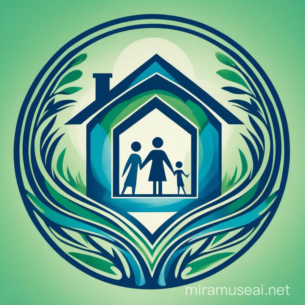 The logo features a stylized house encircled by two human figures with their arms raised, forming a heart shape above the house. The entire logo is encompassed within a circle, symbolizing unity and support. The color scheme includes shades of blue and green, representing hope, safety, and growth.