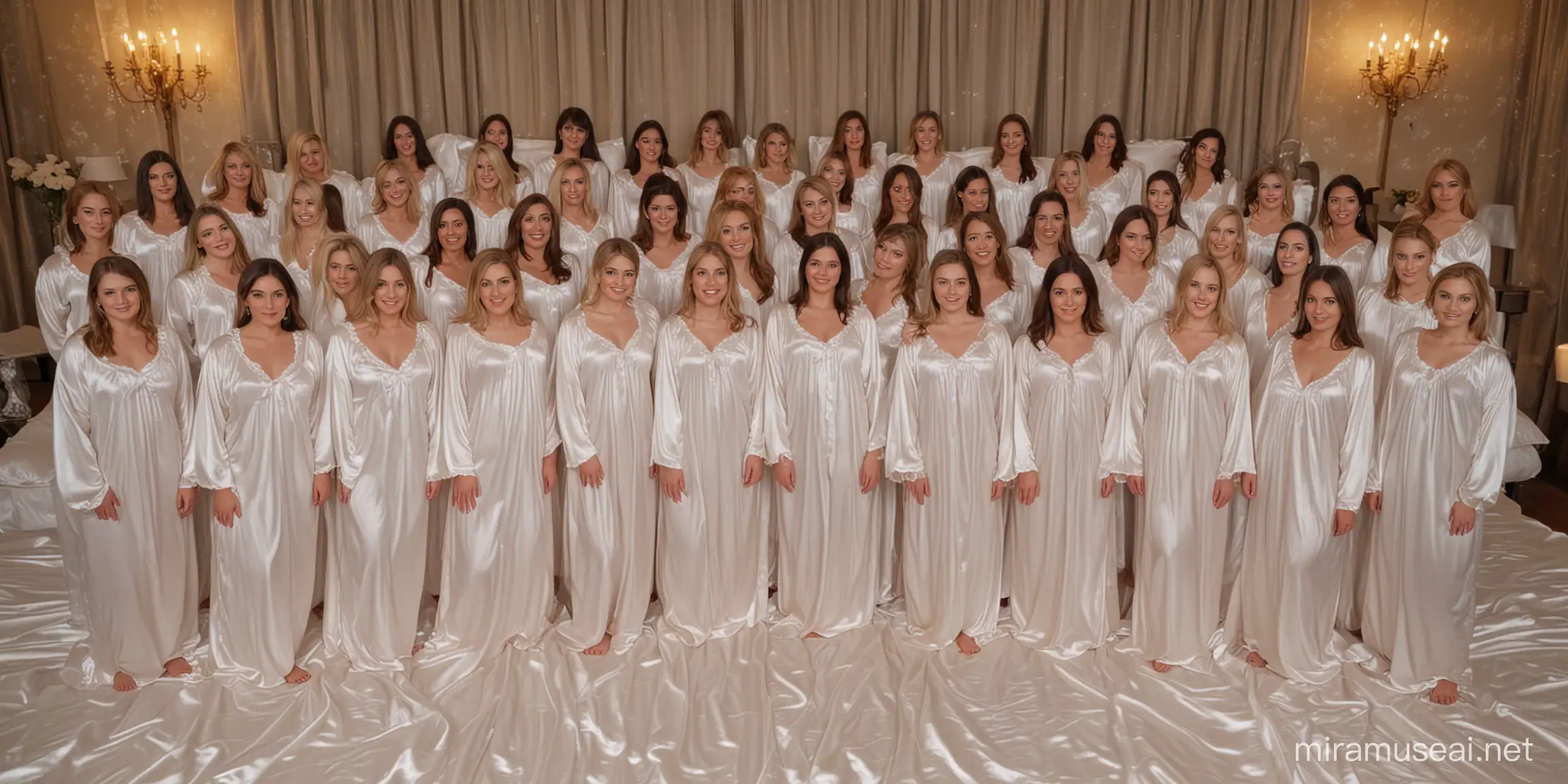 30 Women in Milky Satin Nightgowns on Giant Bed