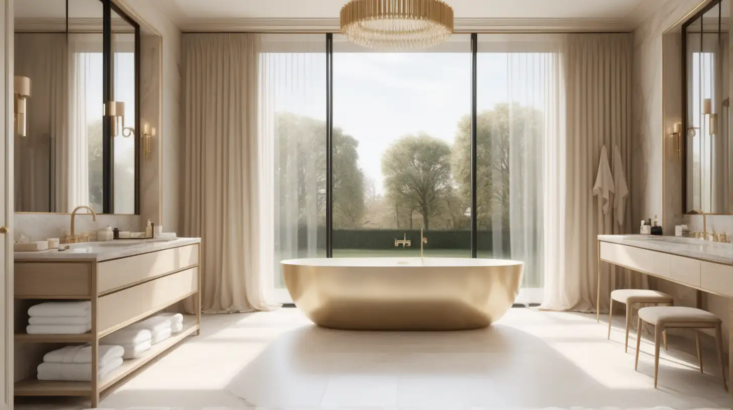 Hyperrealistic image of a modern Parisian estate home bathroom; large open space; vanity and chair; alcove shower with double shower heads; floor to ceiling window with curtains; beige, light oak, brass, ivory colour palette