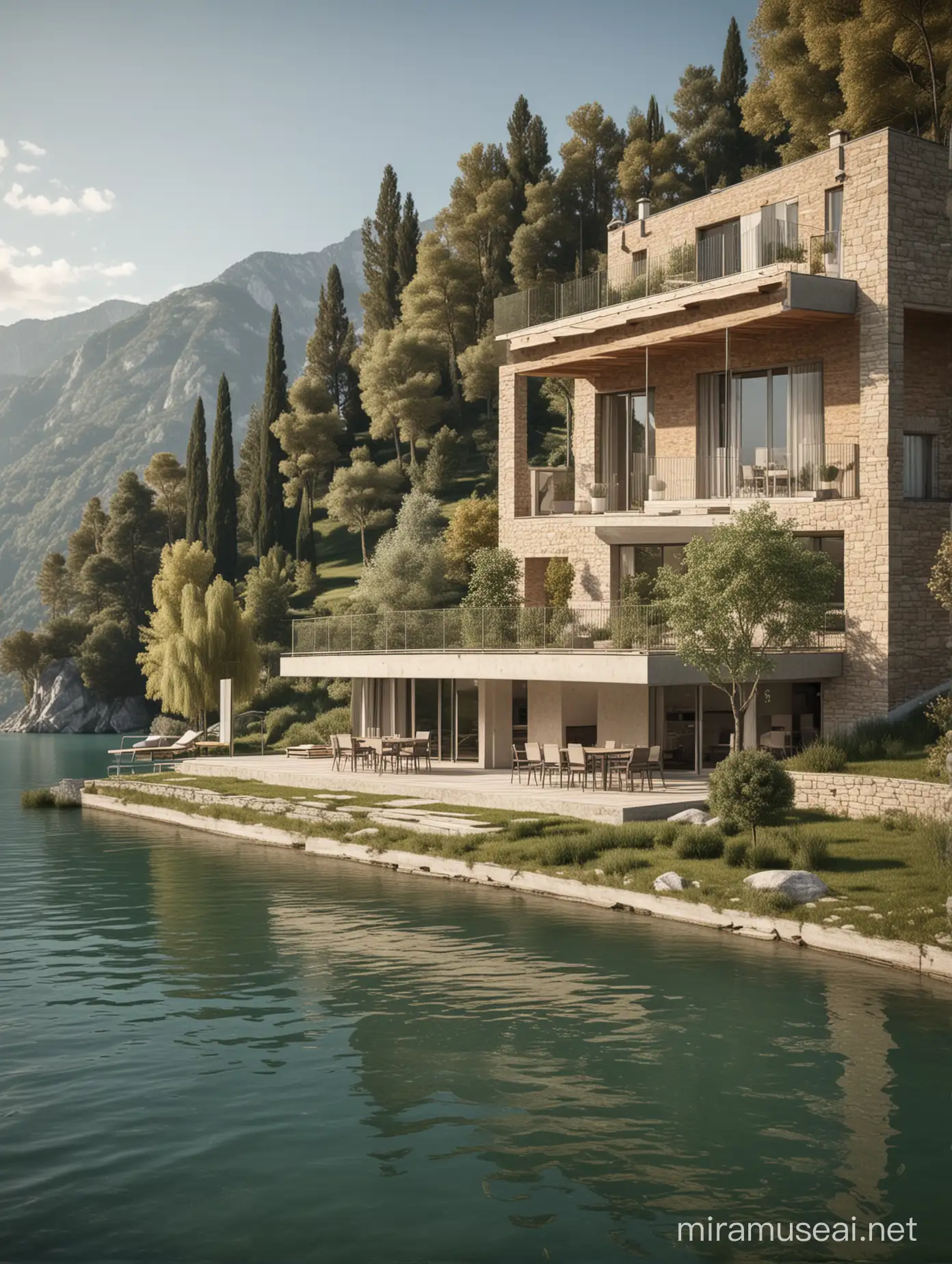 Modern Lombardy Lakeside House with Terrace and Blurred Figures