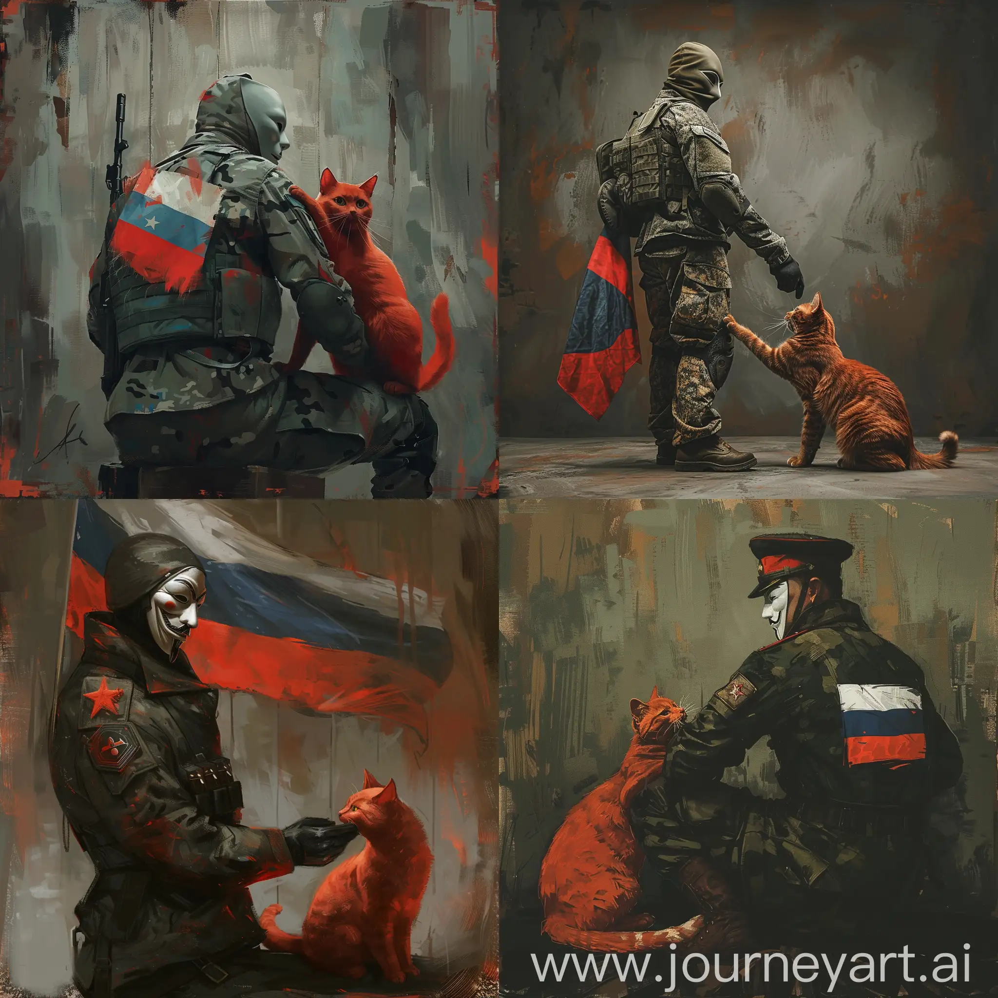 A man in an anonymous mask in a military uniform with the Russian flag on his back stroking a red cat