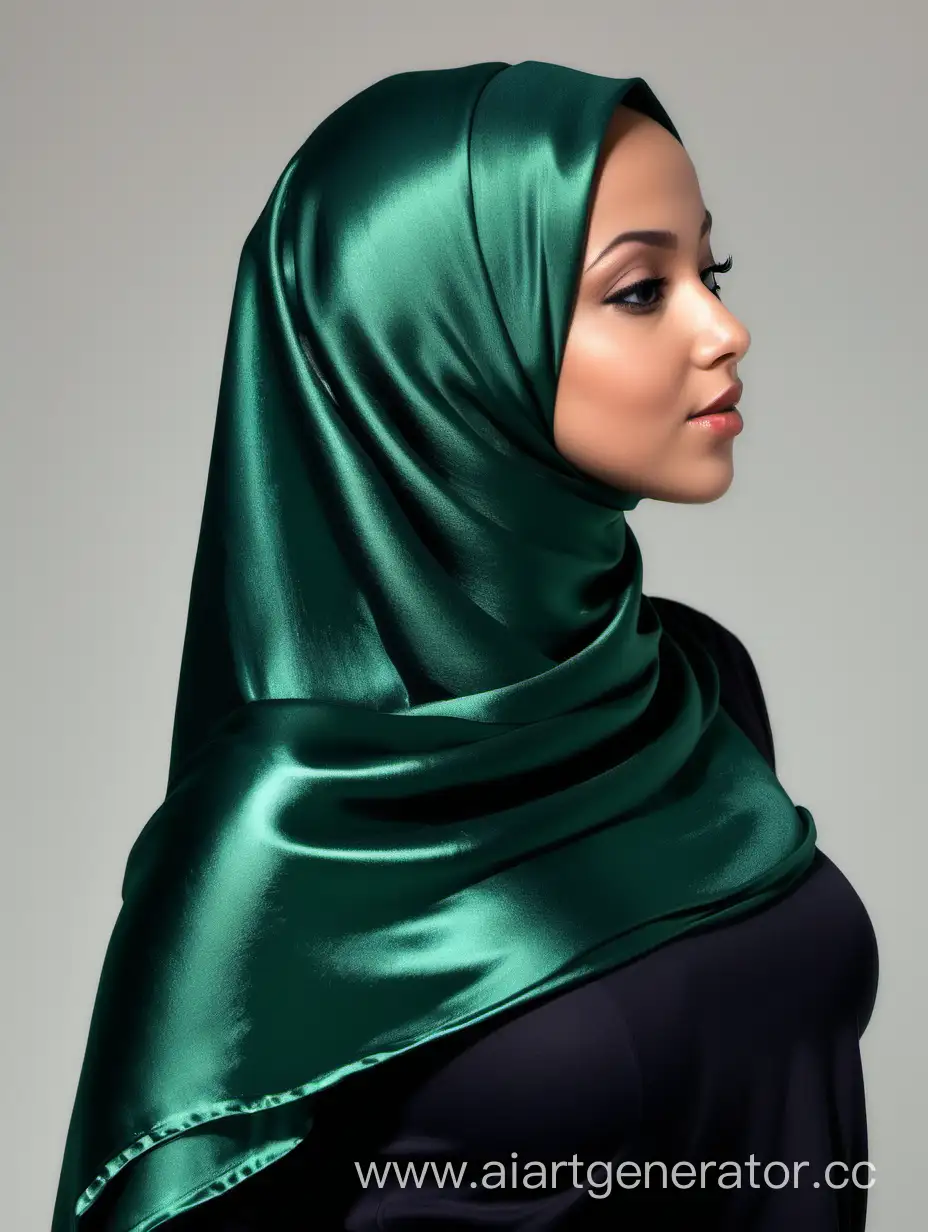Женщина, темно-зеленый атласный хиджаб, большая грудь, пышная фигура, вид сбоку