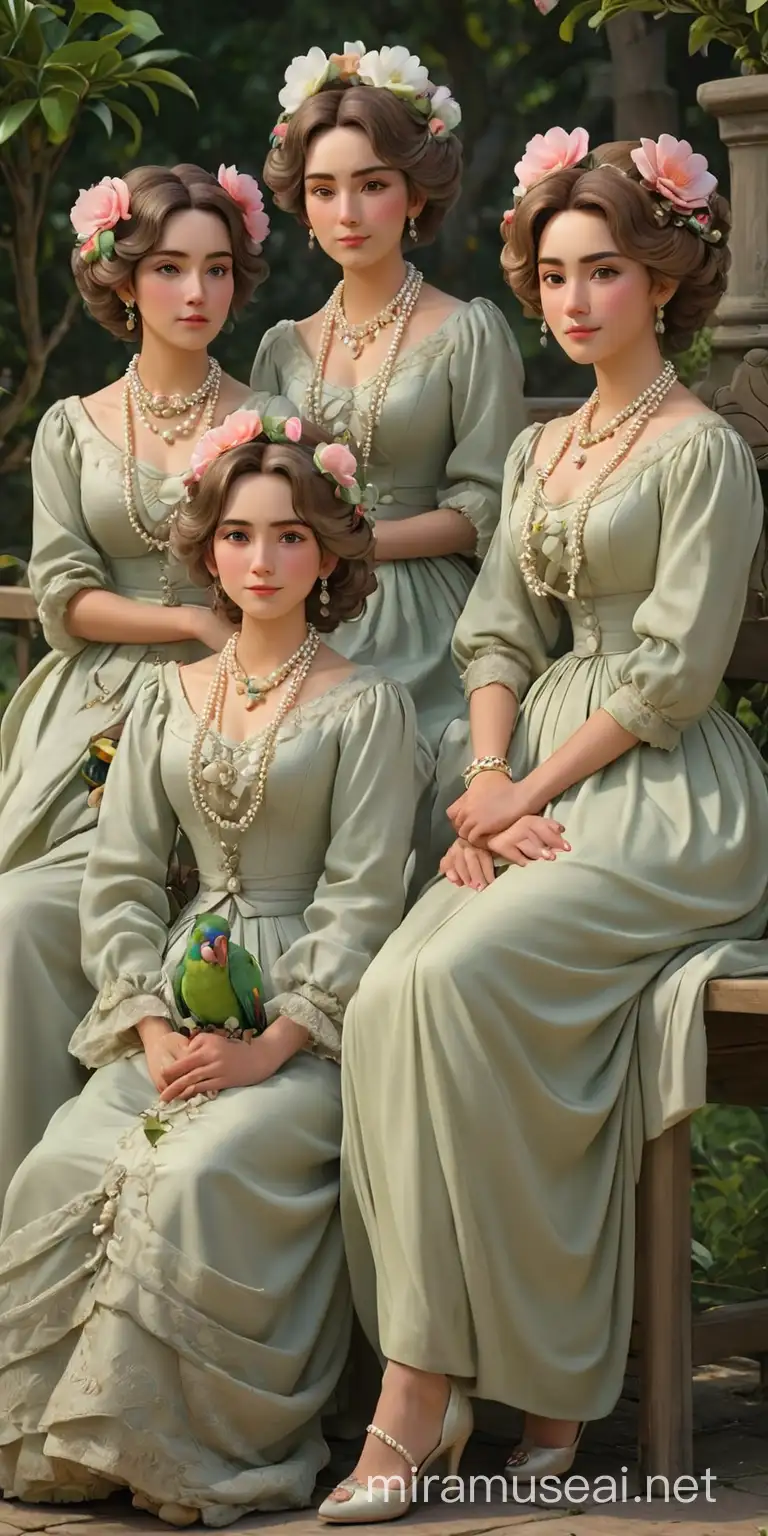 3 women sitting on one bench, all dressed in late 19th century style with matching hairstyles. One woman has camellia flowers woven into her hair, another has a large pearl necklace around her neck, and the third sits with a small parrot on her shoulder. We see them full-length, with arms and legs., 3d animation.