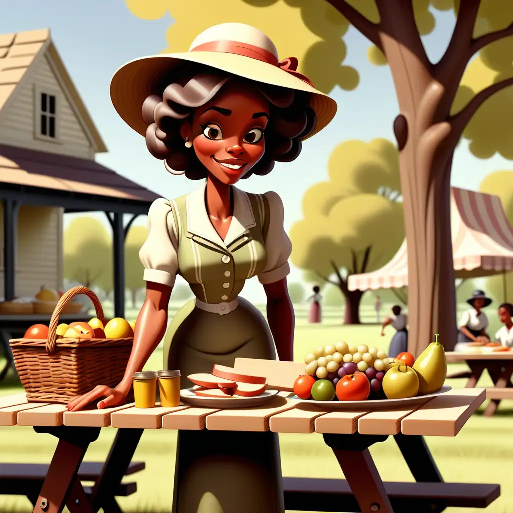 1900s cartoon style african american womna putting food on a picnic table