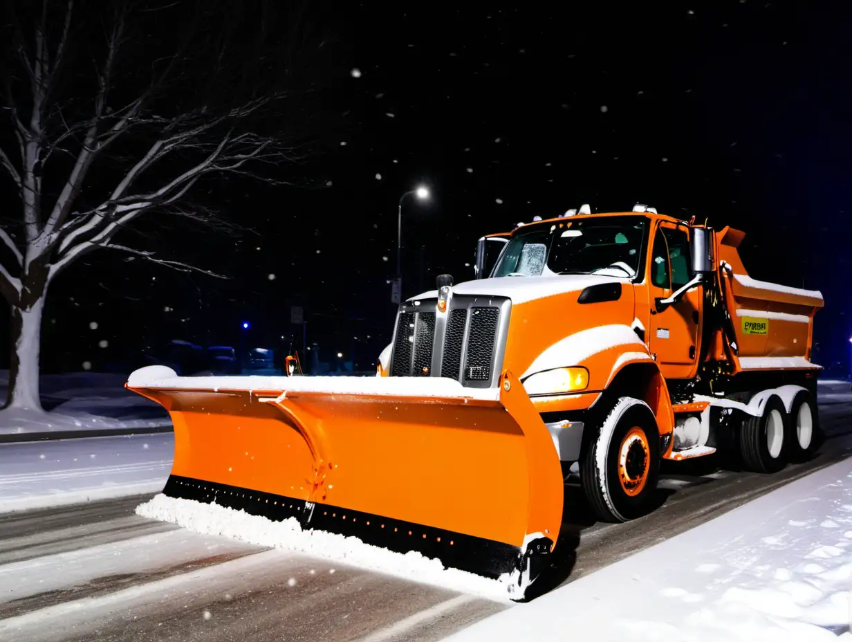 Nighttime Snowplow Clearing Snowy Street in Orange Glow