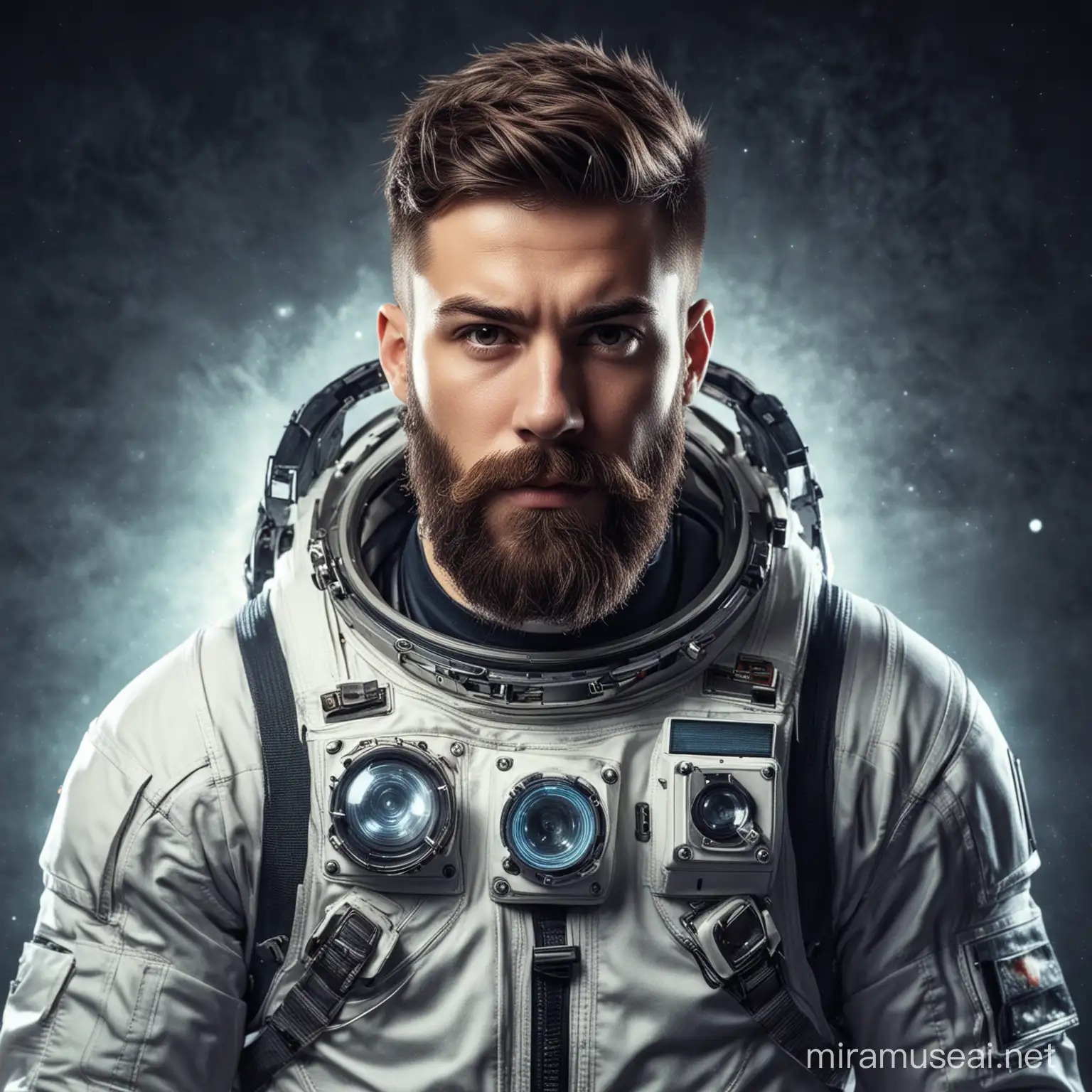 young muscular astronaut with beard and he has electric powers