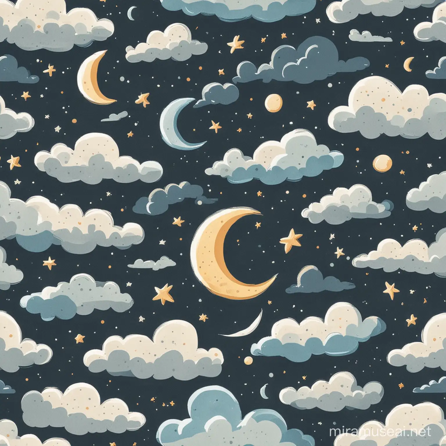 Whimsical Cartoon Clouds and Moons Floating in a Starlit Sky