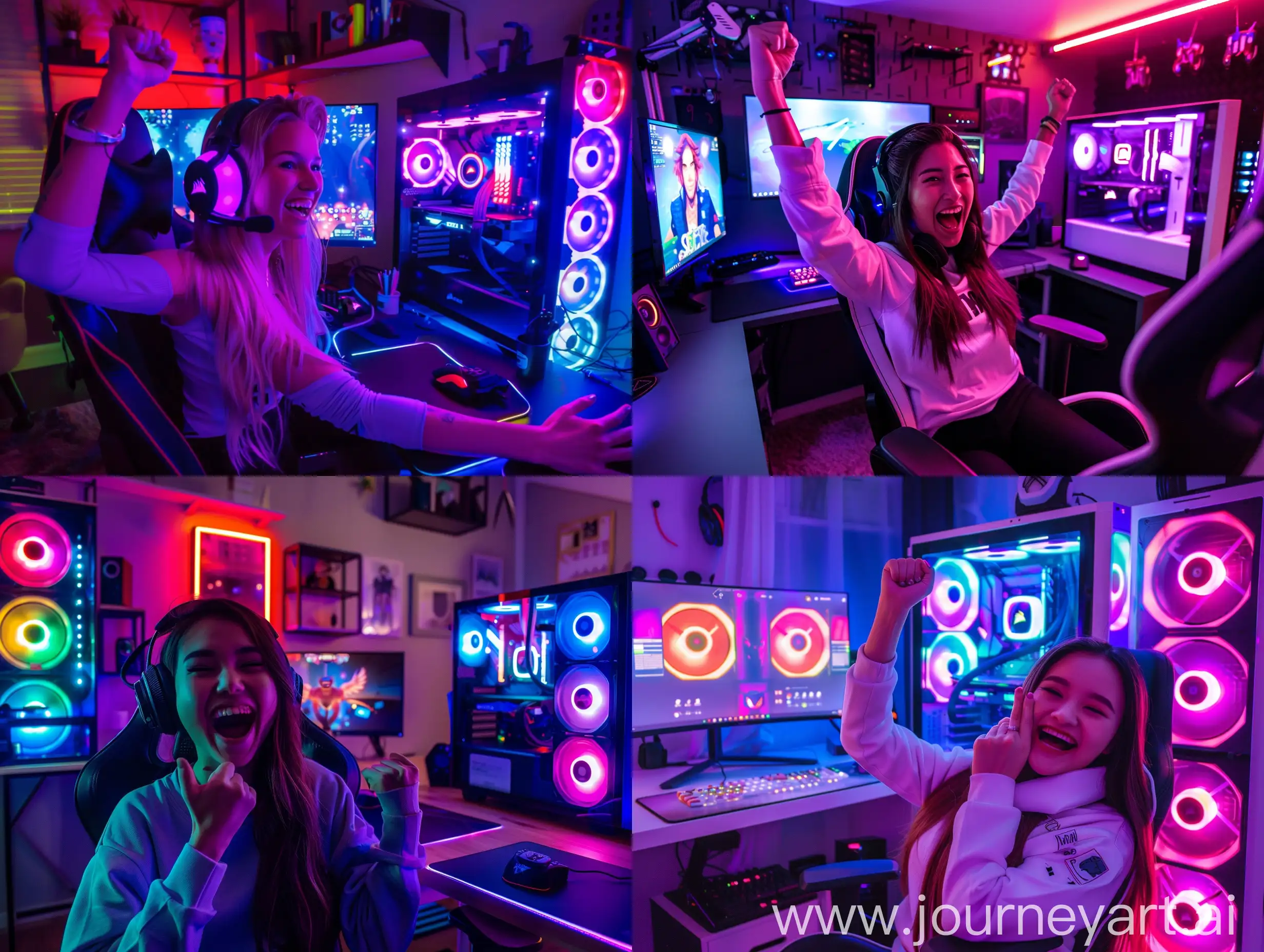 a gamer girl that won the game and she is happy, gaming room, dark room with RGB lights, pc, gaming chair,