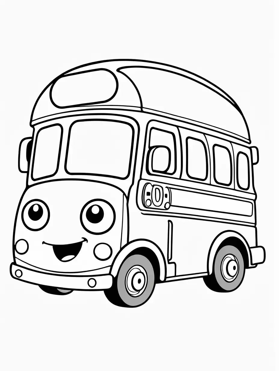 Very easy coloring page for 3 years old toddler. Smile cartoon bus. Without shadows. Thick black outline, without colors and big  details. White background.