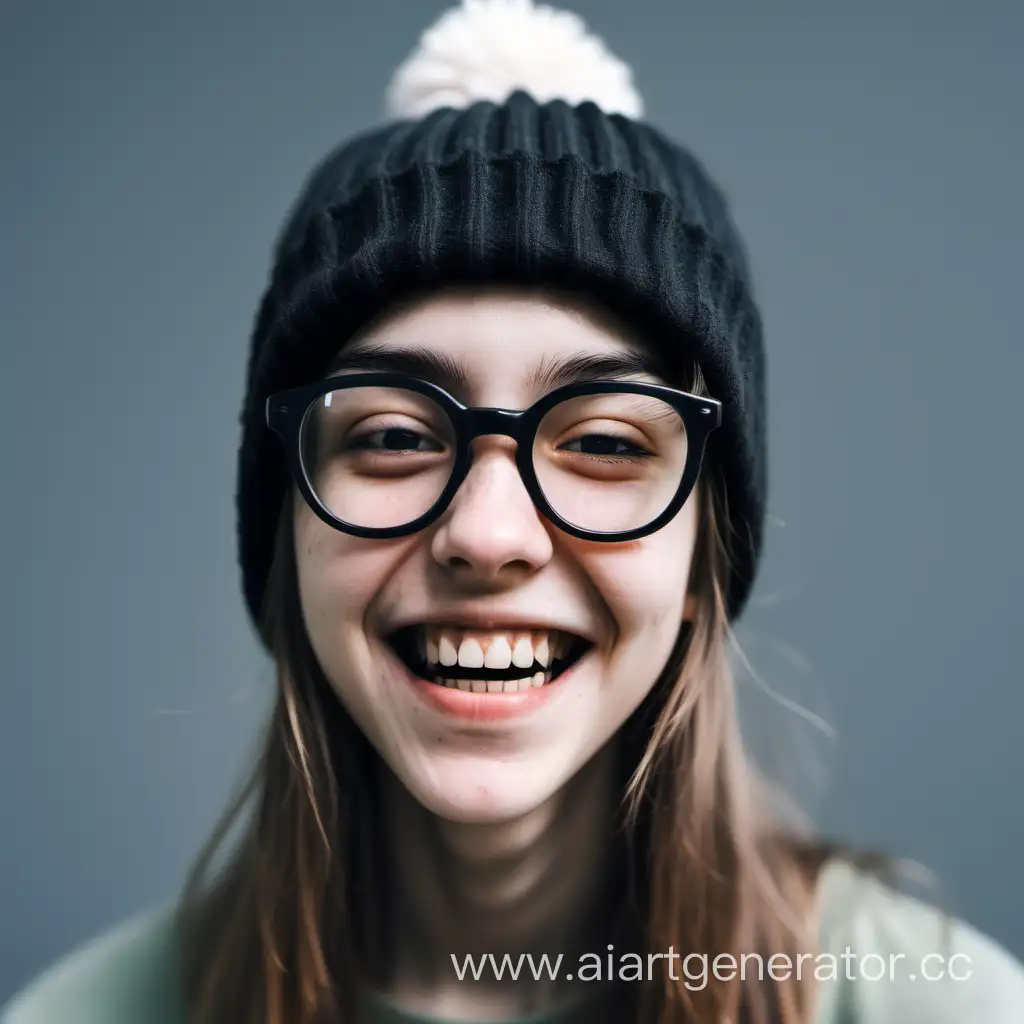 Skinny girl with beanie hat, glasses, unkempt hair and crooked teeth with overbite