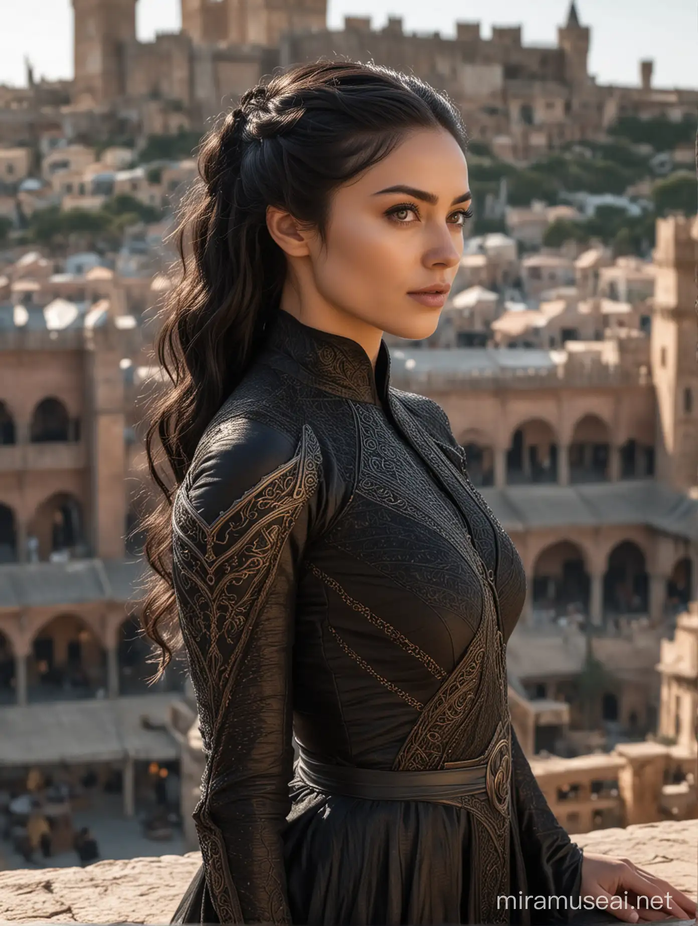 Valyrian woman, black valyrian style hair, cured skin, valyrian style long sleeved black dress, in the background the city of Dorne 