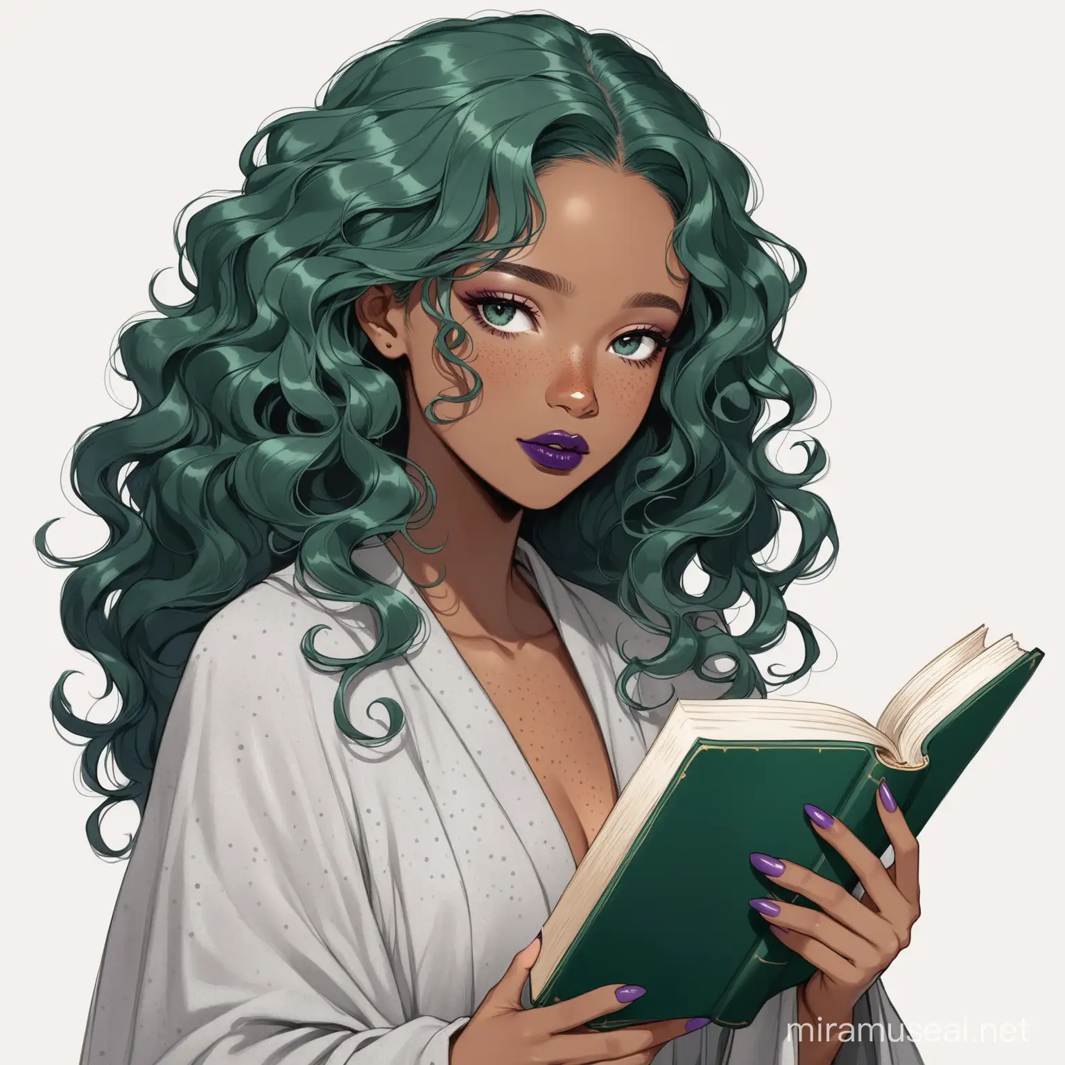 dark black woman; long light gray robe; she has gray eyes; long curly emerald hair; purple lipstick; and freckles; she is thin; with a book in her hand