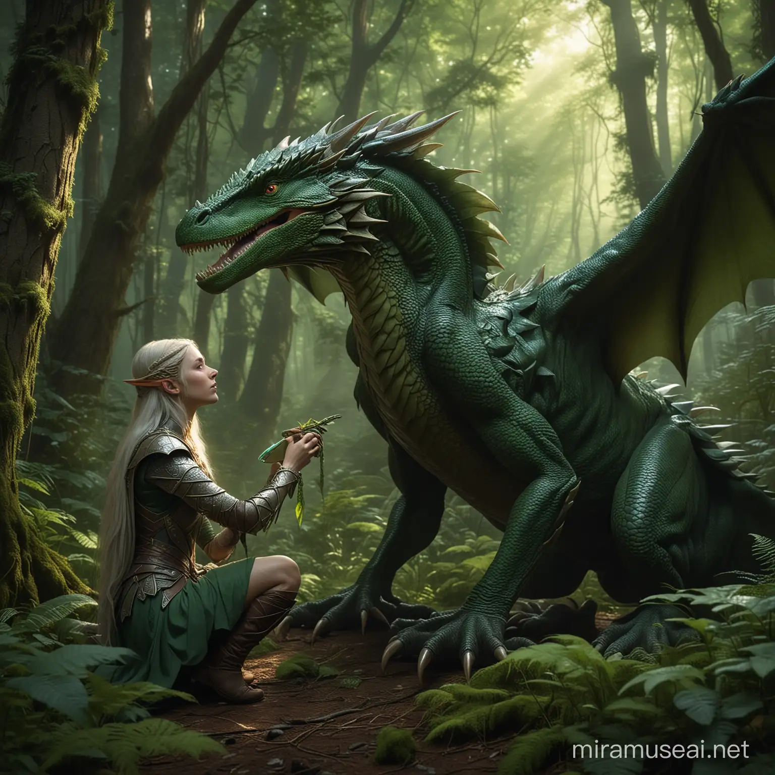 create an image in the style of artist Dan Volbert. An elven warrior petting a large green drake in a forest, ambient lighting 