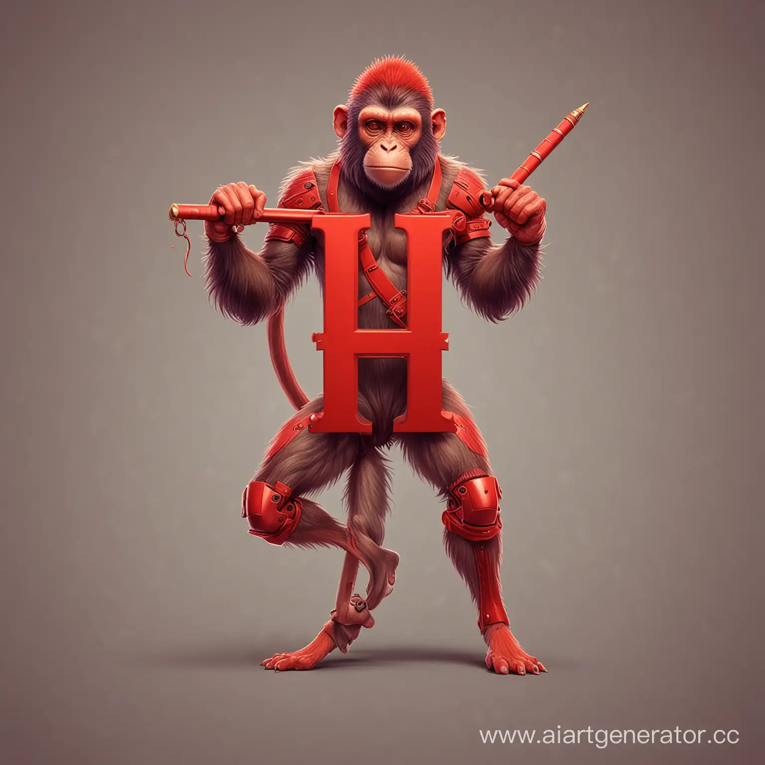 The letter H in red color in free typing style, and on the background on the left of the letter a monkey with a truncheon. on the right of the letter cyber man.
