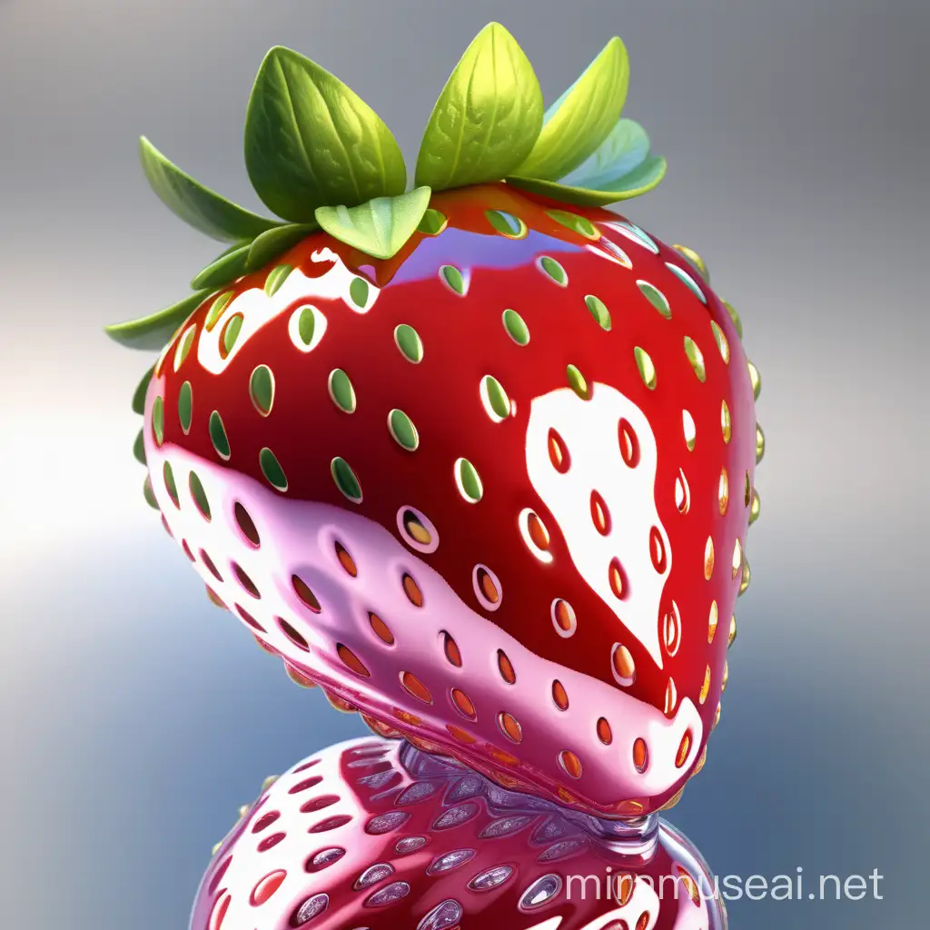 Produce a picture of a strawberry in chrome shiny iridescent glace