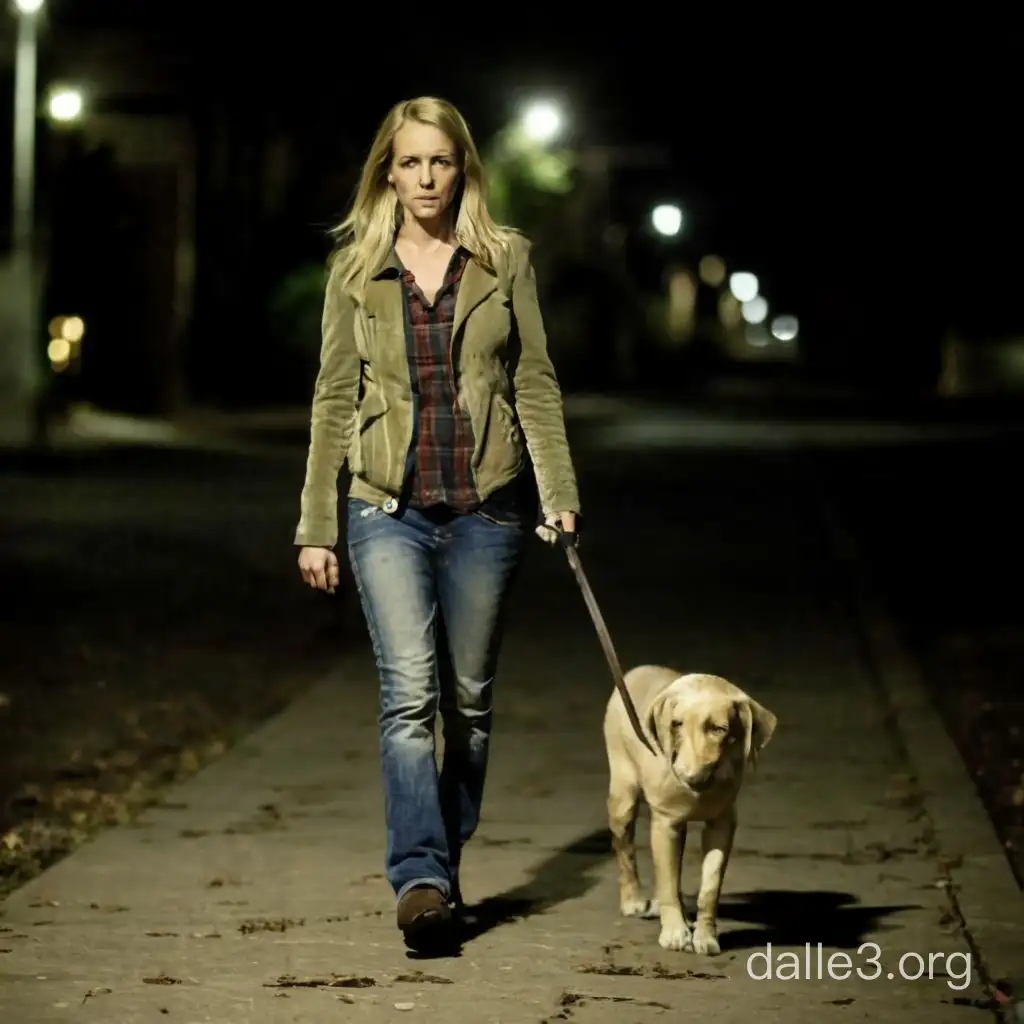 Attractive blonde female in her thirties walking along at night with a look of despair on her face. Old chocolate lab with gray muzzle walking with her. They both walk on a cracked & winding sidewalk. The end of the sidewalk they walk towards ends & the abyss is where it ends. 