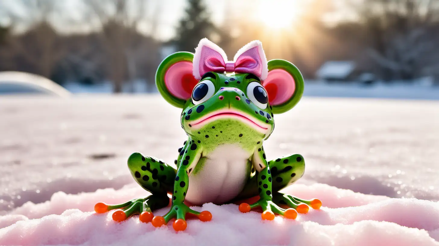 frog with mouse ears and mouse tail, confused, sunshine and pink snow