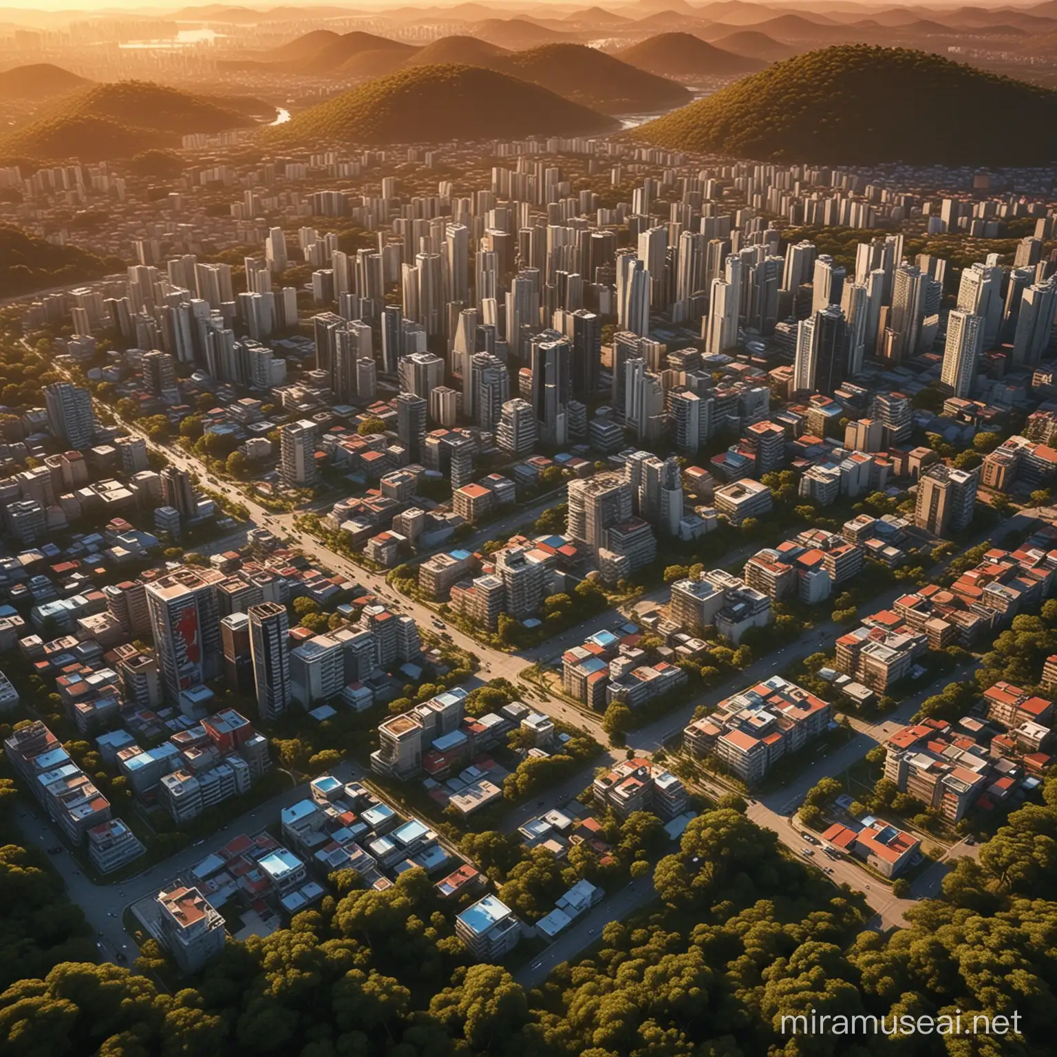 Futuristic Brazilian Communist City at Sunset Aerial View in 4K