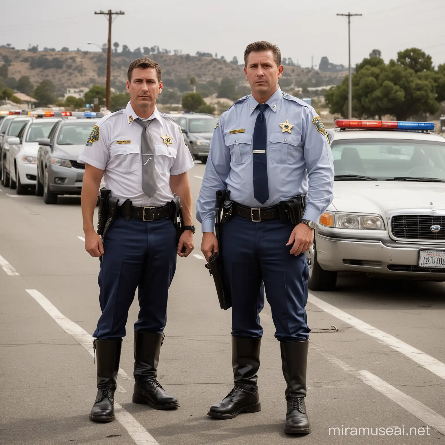 California Highway Patrol (CHP) arrest unfolding on the bustling lanes of a highway. Two CHP officers, dressed in their iconic uniforms, stand poised with authority amidst the flurry of passing vehicles. Their attire exudes professionalism and command presence, beginning with their dark navy blue shirts adorned with gleaming silver or gold buttons. The shirts are neatly tucked into matching trousers, tailored to fit snugly but professionally. Around their necks, ties proudly display the CHP emblem, adding a touch of distinction to their ensemble. Completing their uniform are duty belts secured around their waists, bearing the weight of essential equipment such as firearms and handcuffs. Atop their heads, campaign hats with chin straps sit resolutely, shielding their faces from the glare of the sun. Notably, both officers are outfitted with black leather riding boots, a hallmark of CHP patrols, providing both protection and functionality during motorcycle operations. One officer, with a stern countenance, wields handcuffs with precision, while issuing authoritative commands to the suspect. Beside him, the second officer maintains a firm grip on the suspect’s arm, his gaze ever vigilant, scanning the surroundings for any potential threats. The suspect, a male figure, wears a troubled expression, acutely aware of the gravity of the situation. In the backdrop, the ceaseless flow of vehicles underscores the urgency of the moment, amplifying the tension in the air.tight pants