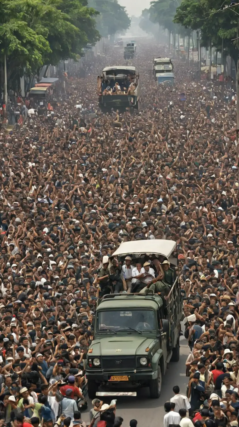 Show  the people of Indonesia revolting during Suharto 1997, fleeing indonesia