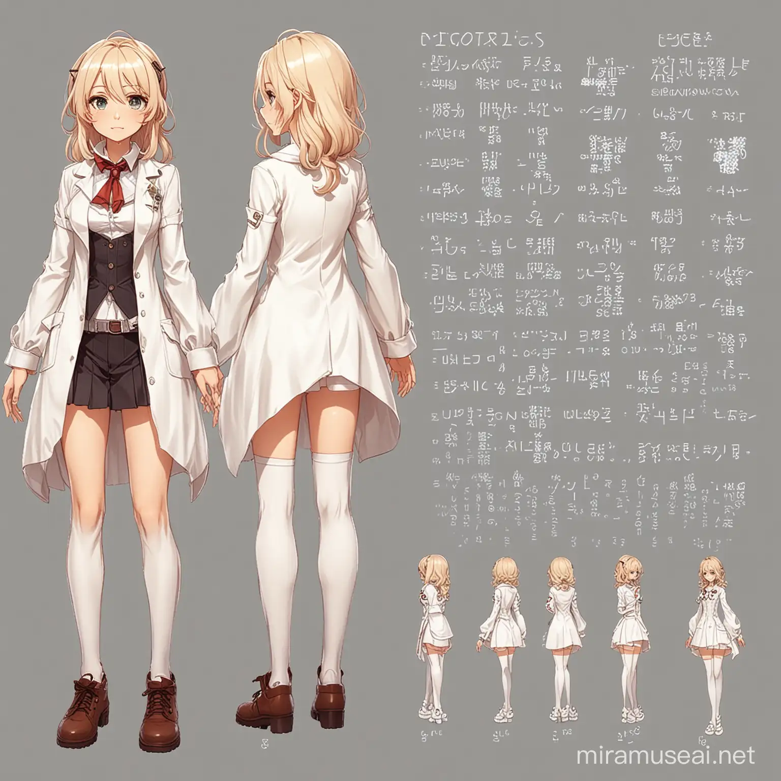 Character design sheet Outfit Full body Light Clothes Complex Simple Cute Pure Scientist Anime Girl Knowledge Life Godess Gnostic