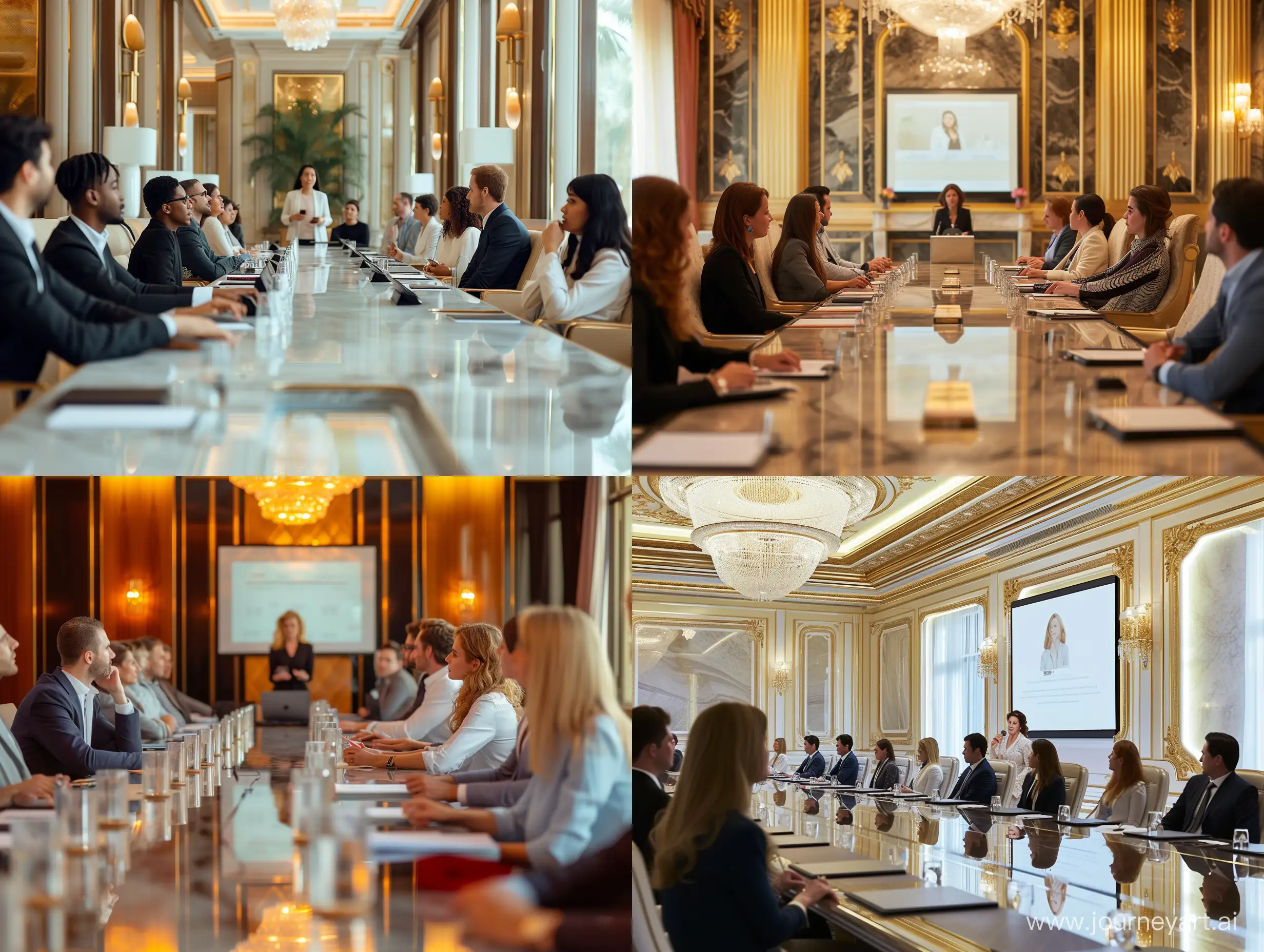 People sitting at a long conference table, in a luxurious boardroom, listening to a woman give a presentation.