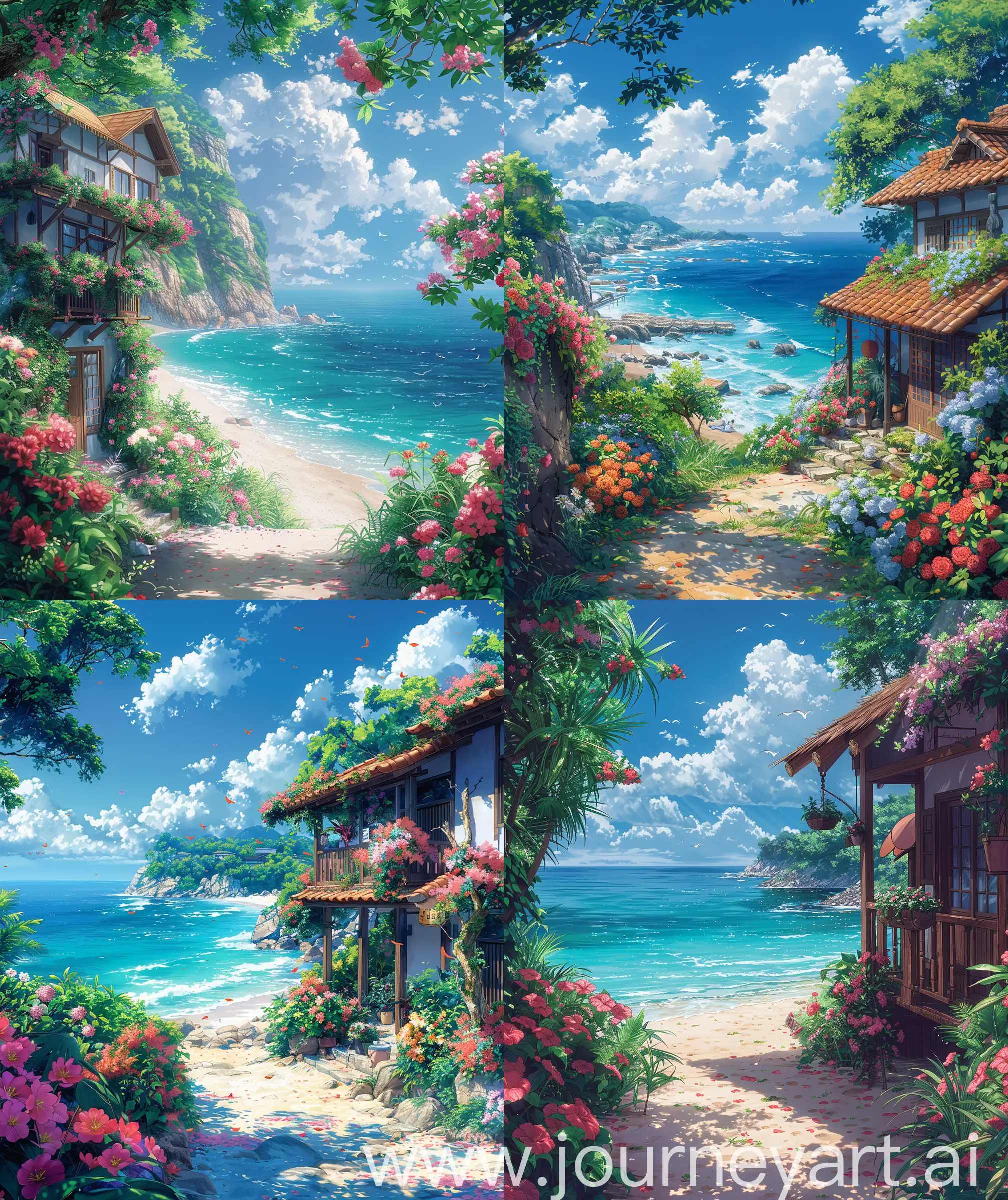 Beautiful-Anime-Beachside-House-with-Ocean-View-and-Flower-Decoration
