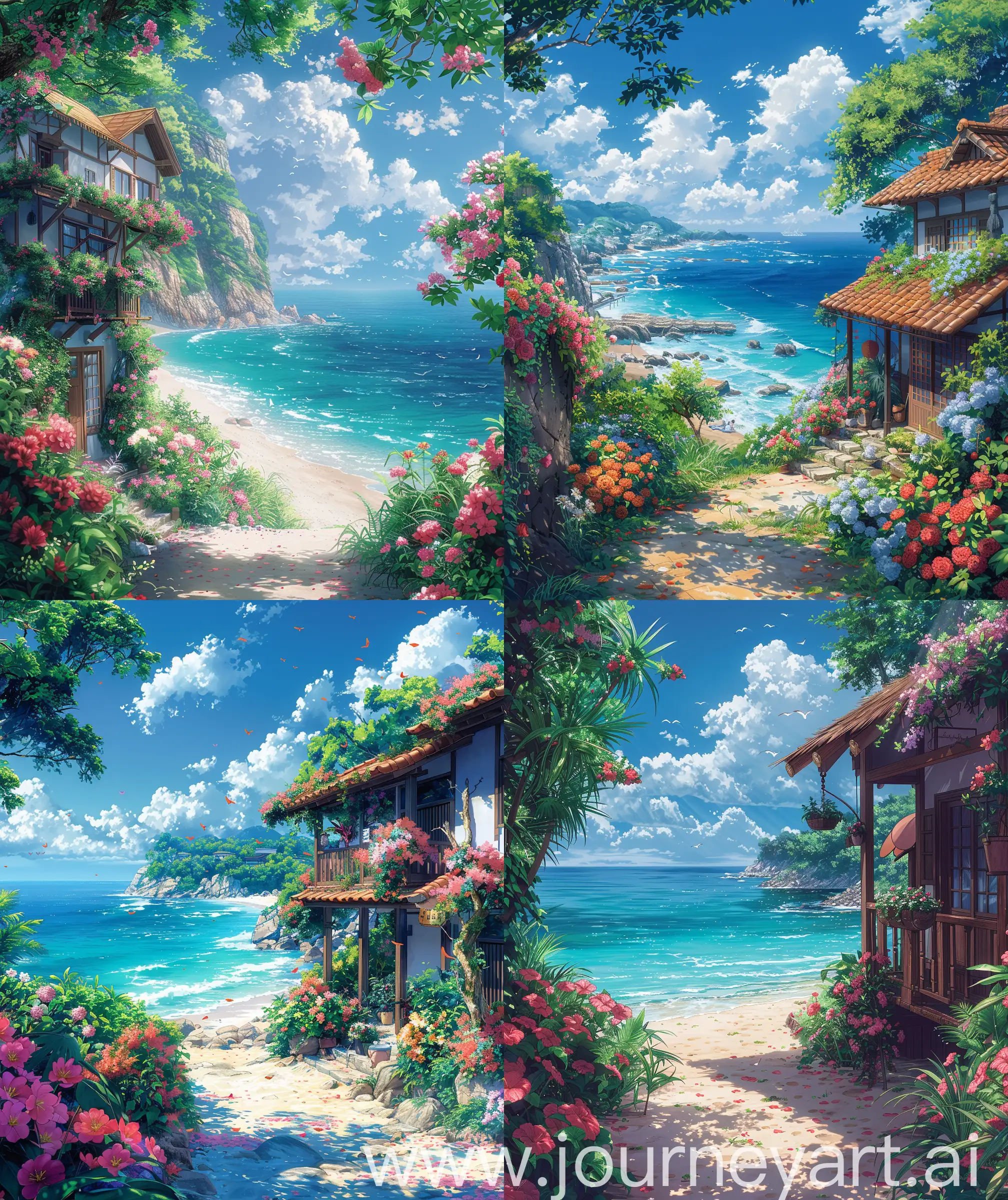 Beautiful anime scenery, mokoto shinkai style, beautiful beachside house, tropical look, decorating with flowers, ocean view, beautiful anime scenery, illustration, ultra hd, High quality, sharp details,no blurry image no hyperrealistic --ar 27:32 --s 600