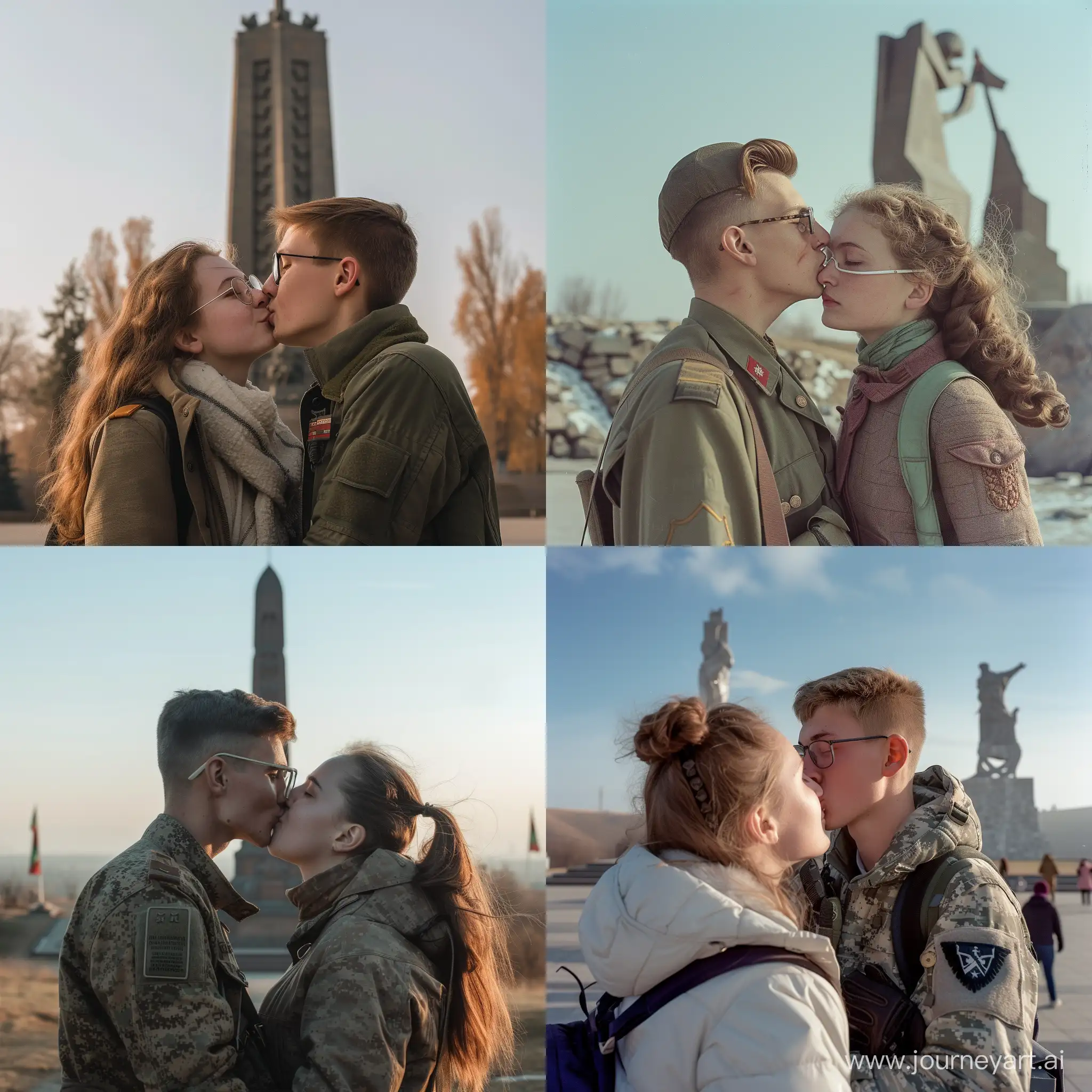 молодой военный в очках целует девушку на фоне памятник мамаев курган